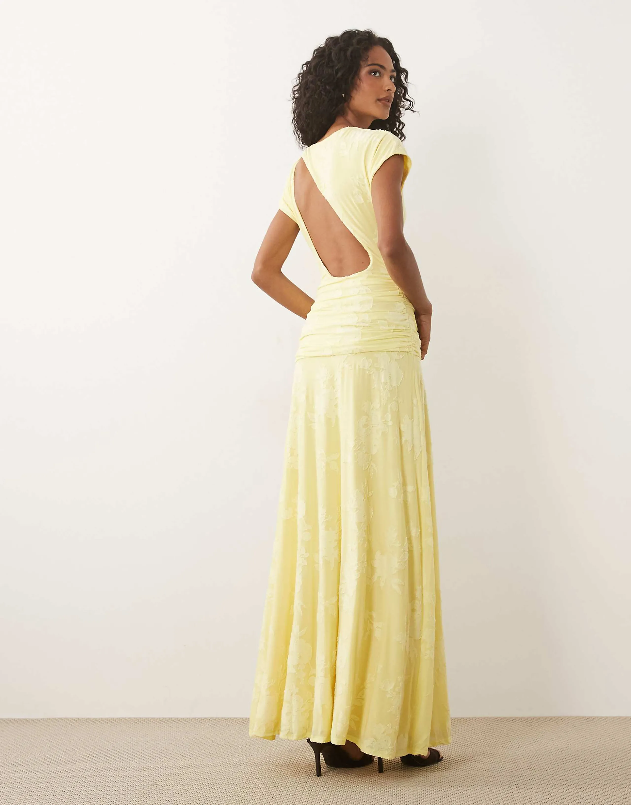 ASOS DESIGN devore lace ruched detail short sleeve maxi dress in lemon