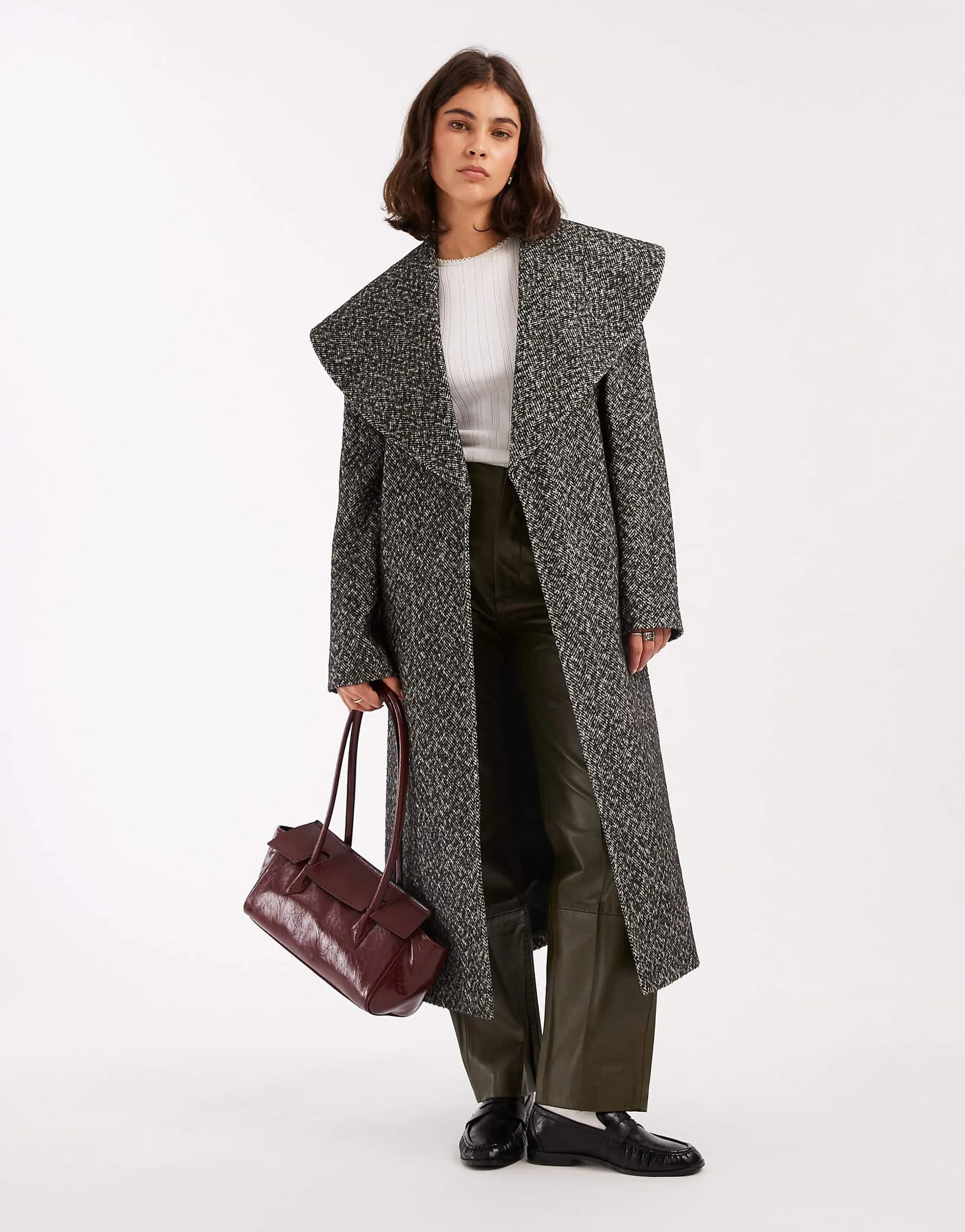Miss Selfridge formal shawl collar wrap coat in herringbone