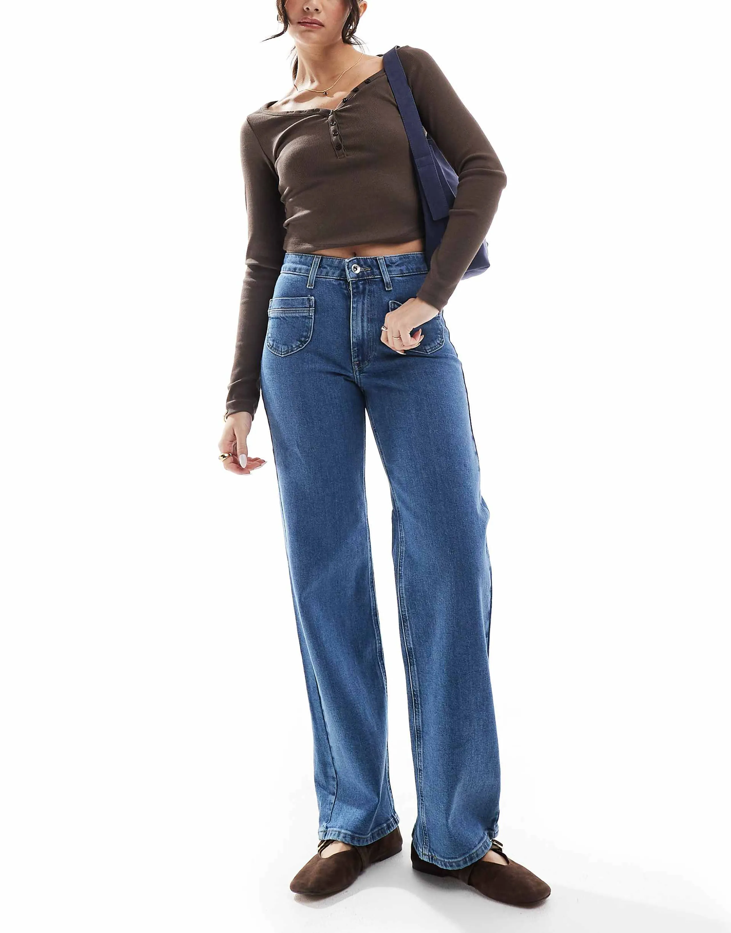 ONLY Juicy high waist wide leg jeans with pocket detail in mid wash blue