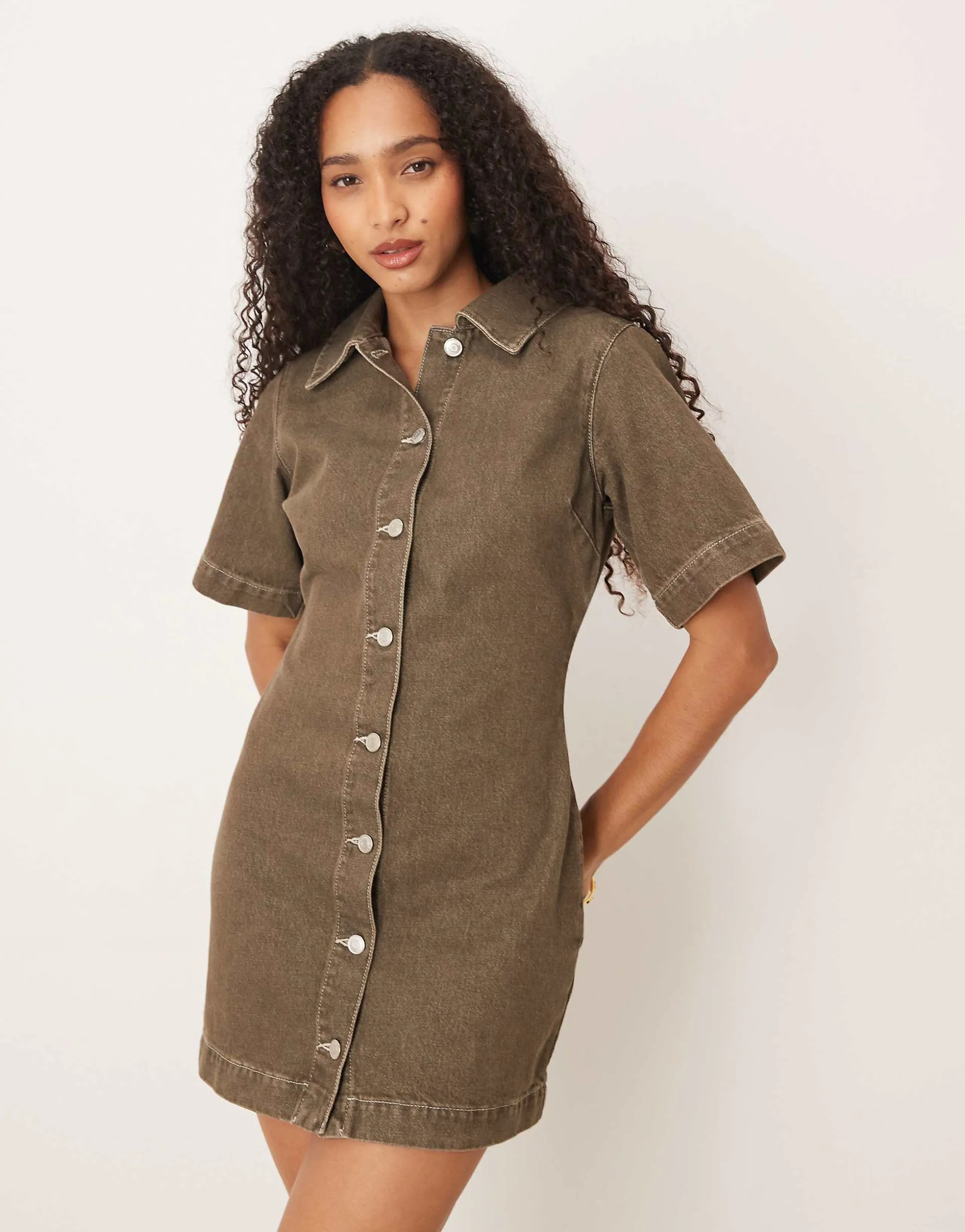 ASOS DESIGN fitted denim shirt dress in olive green