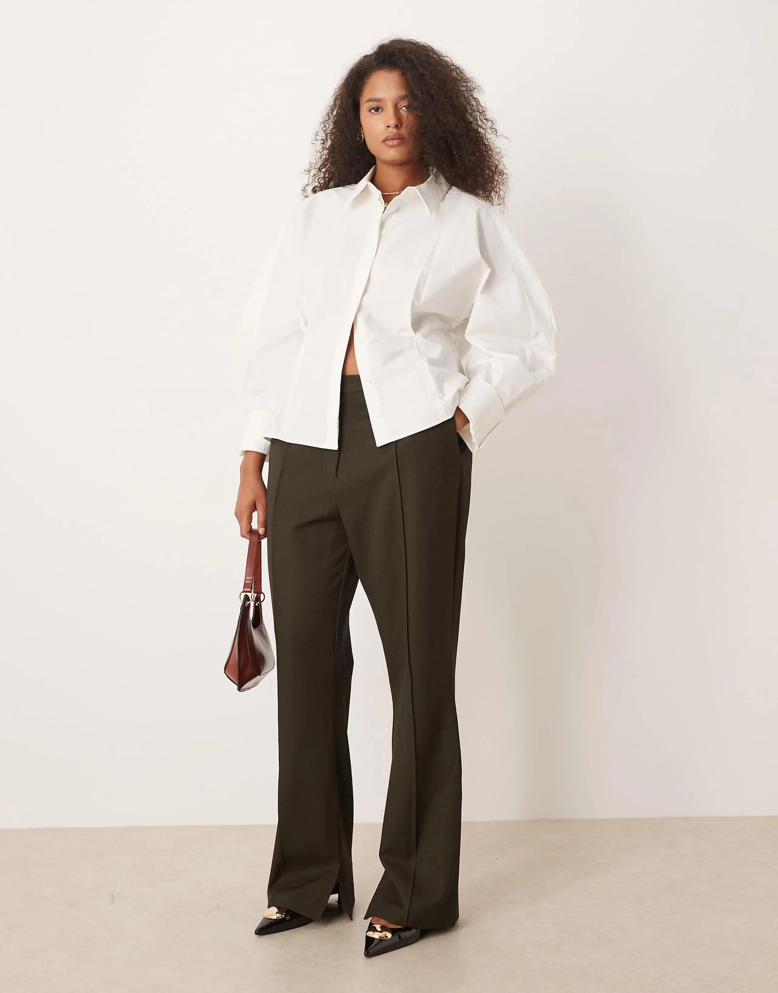 ASOS DESIGN Curve tailored seam detailing flare suit pants with slit hem in olive 