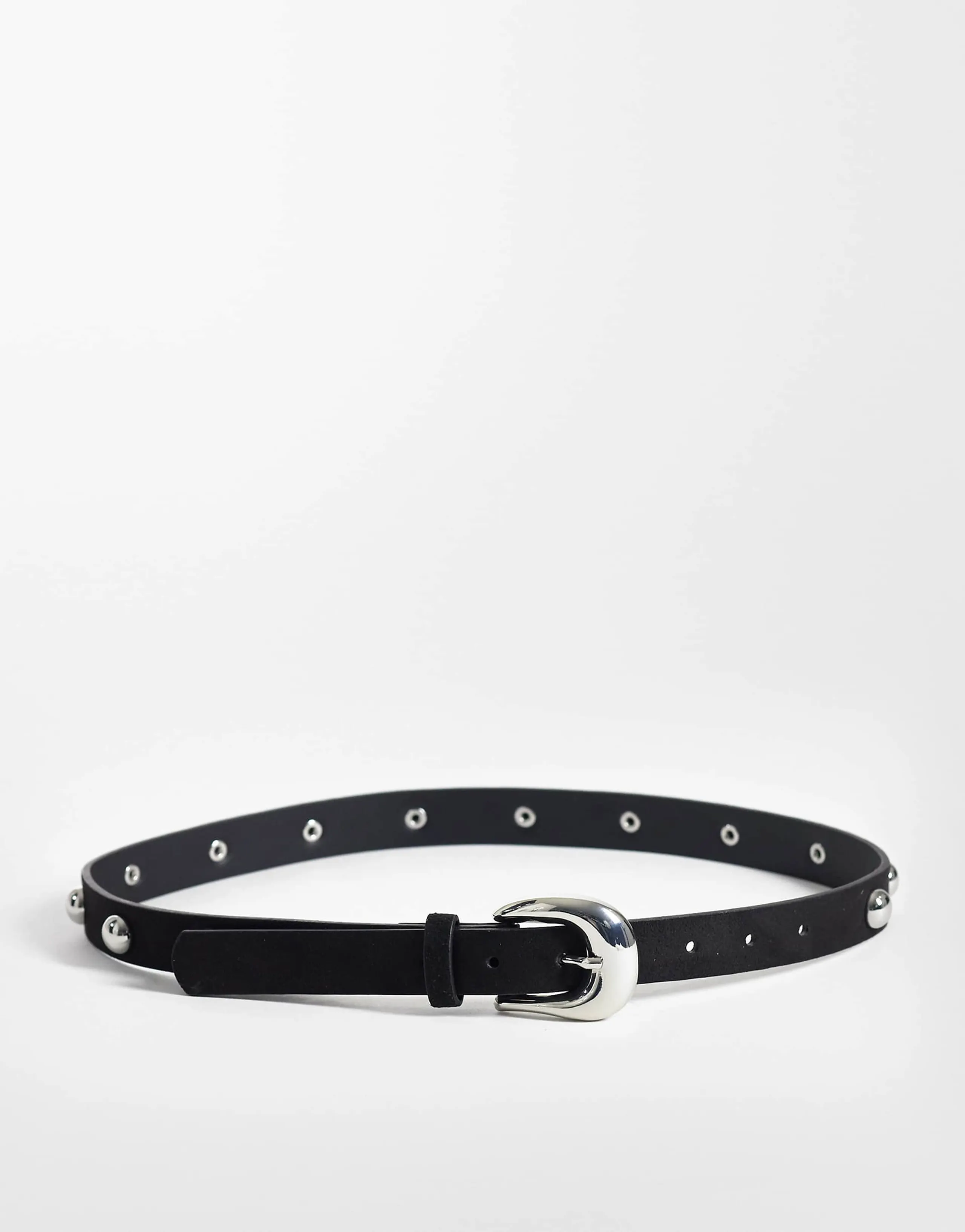 Pieces silver tone studded leather look belt in black