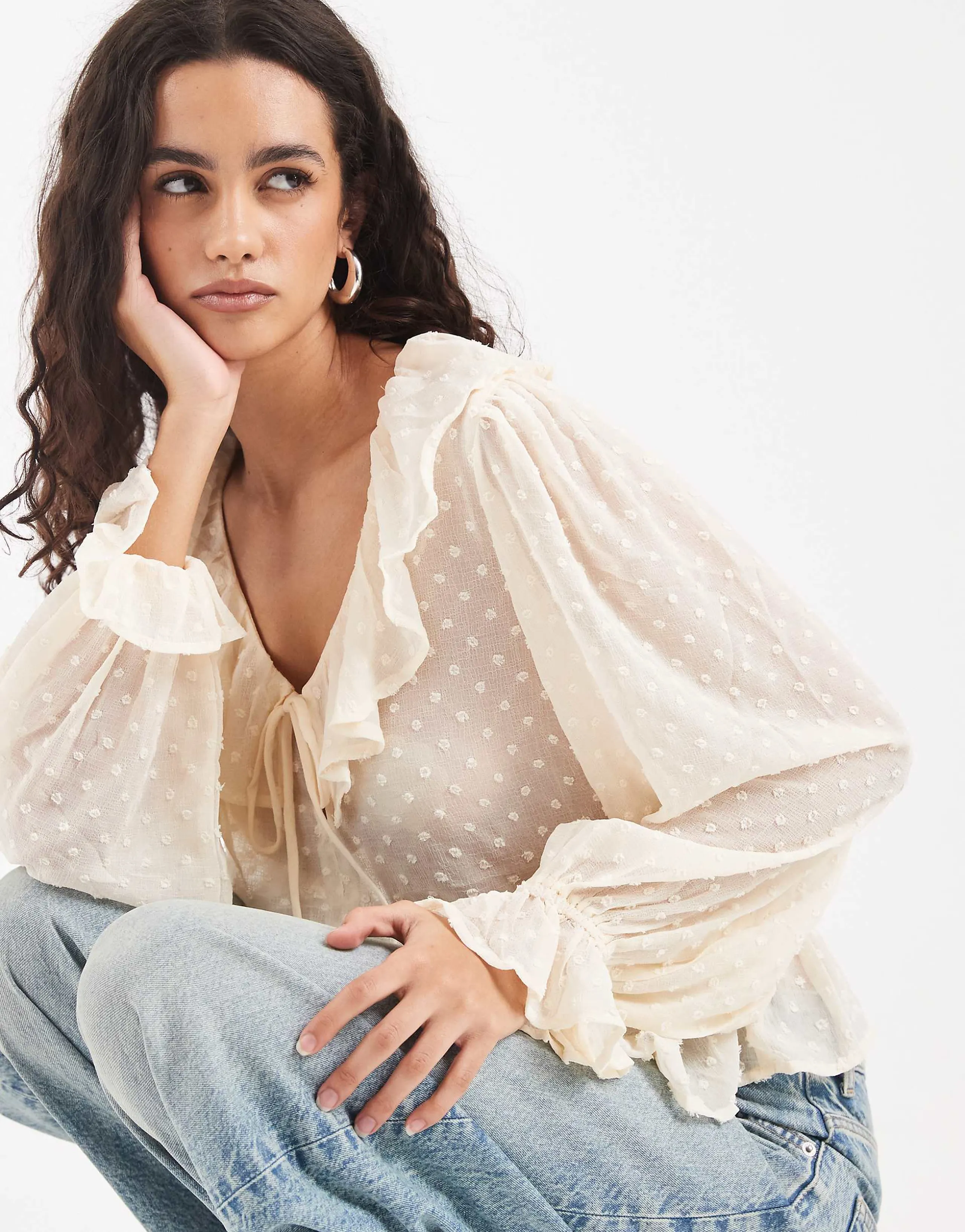 ONLY frill details textured blouse in white