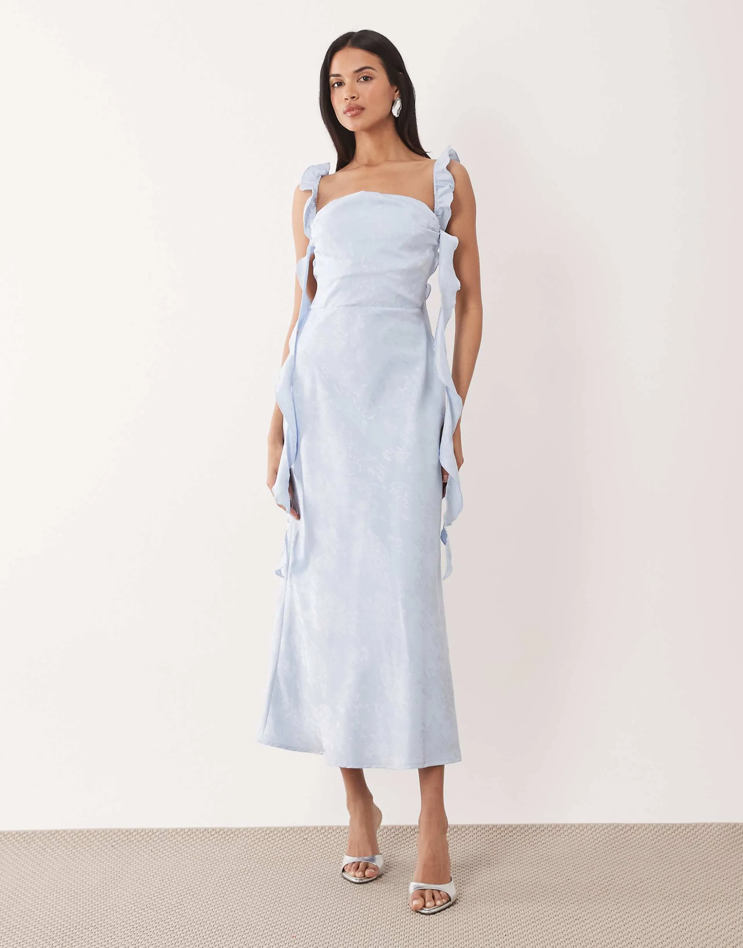 Rare London ruched drape detail lace trim floral jacquard satin dress in light blue