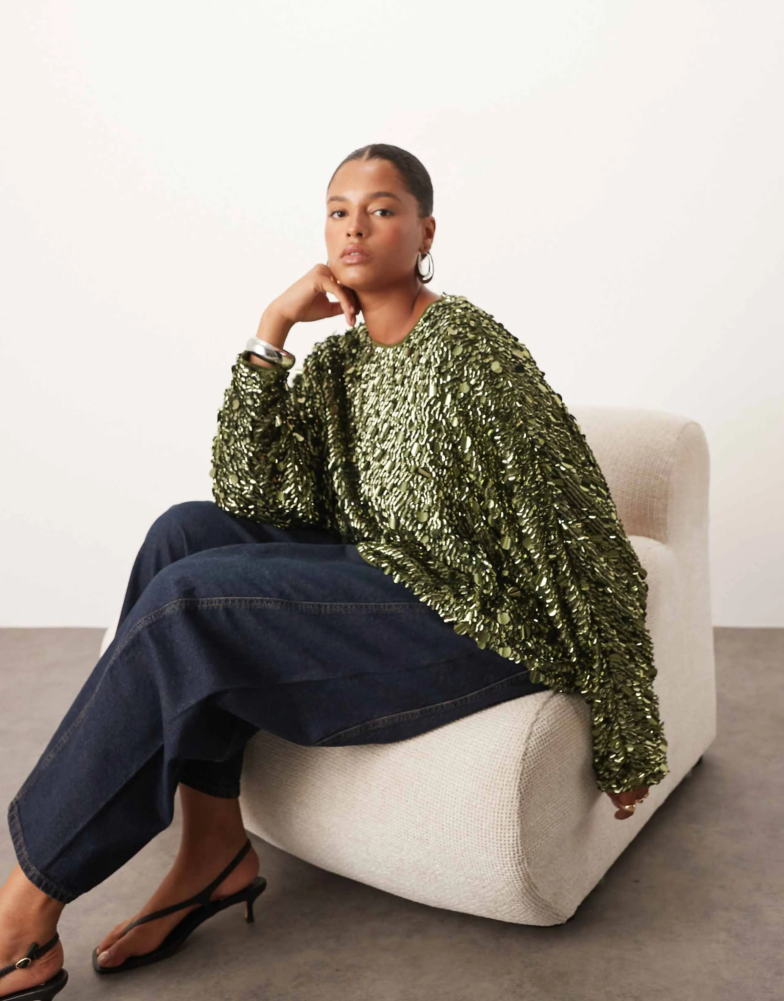 ARRANGE Curve long sleeve square cut top in molten khaki-green sequins