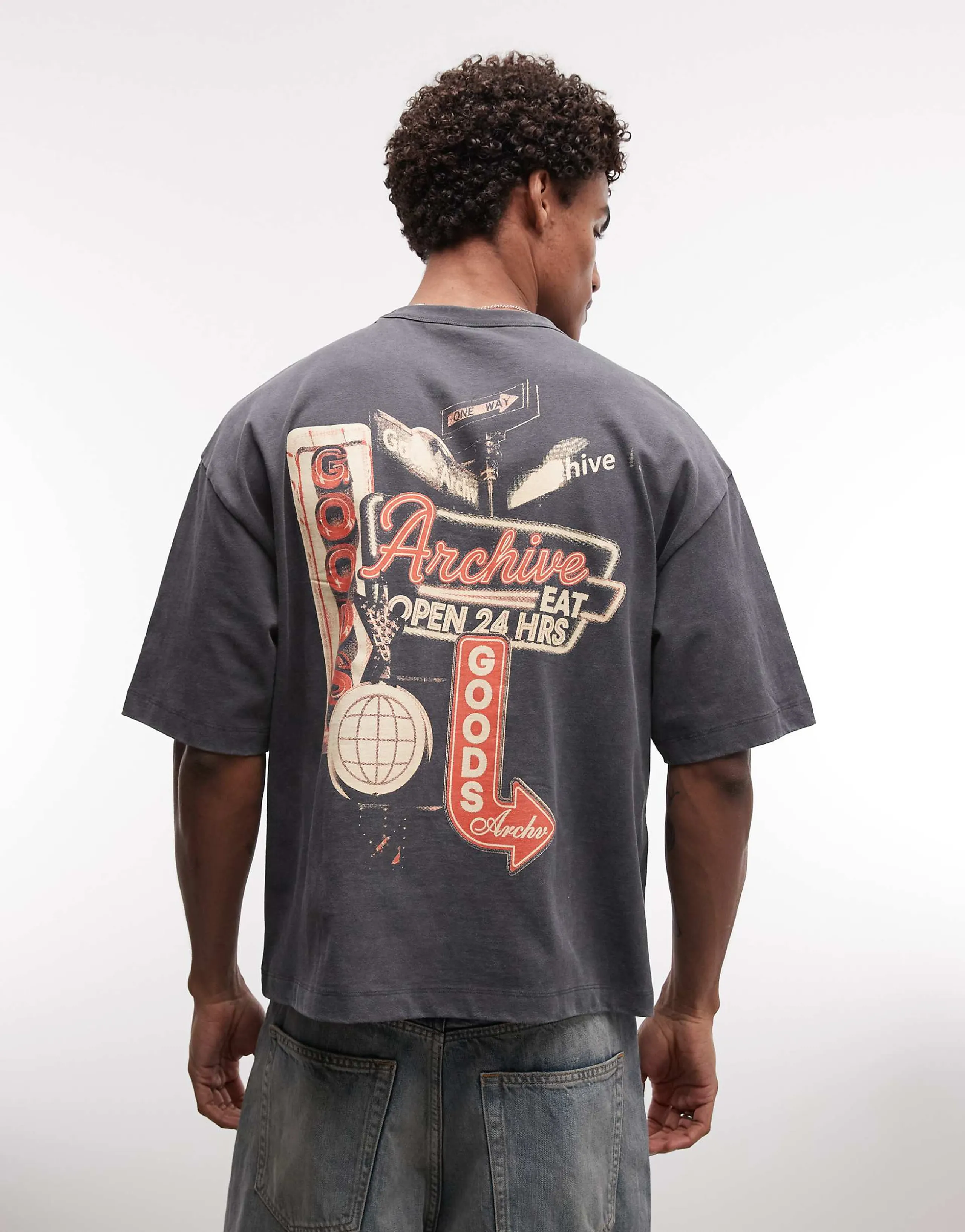 ASOS DESIGN boxy oversized t-shirt with retro neon signs graphic in washed gray