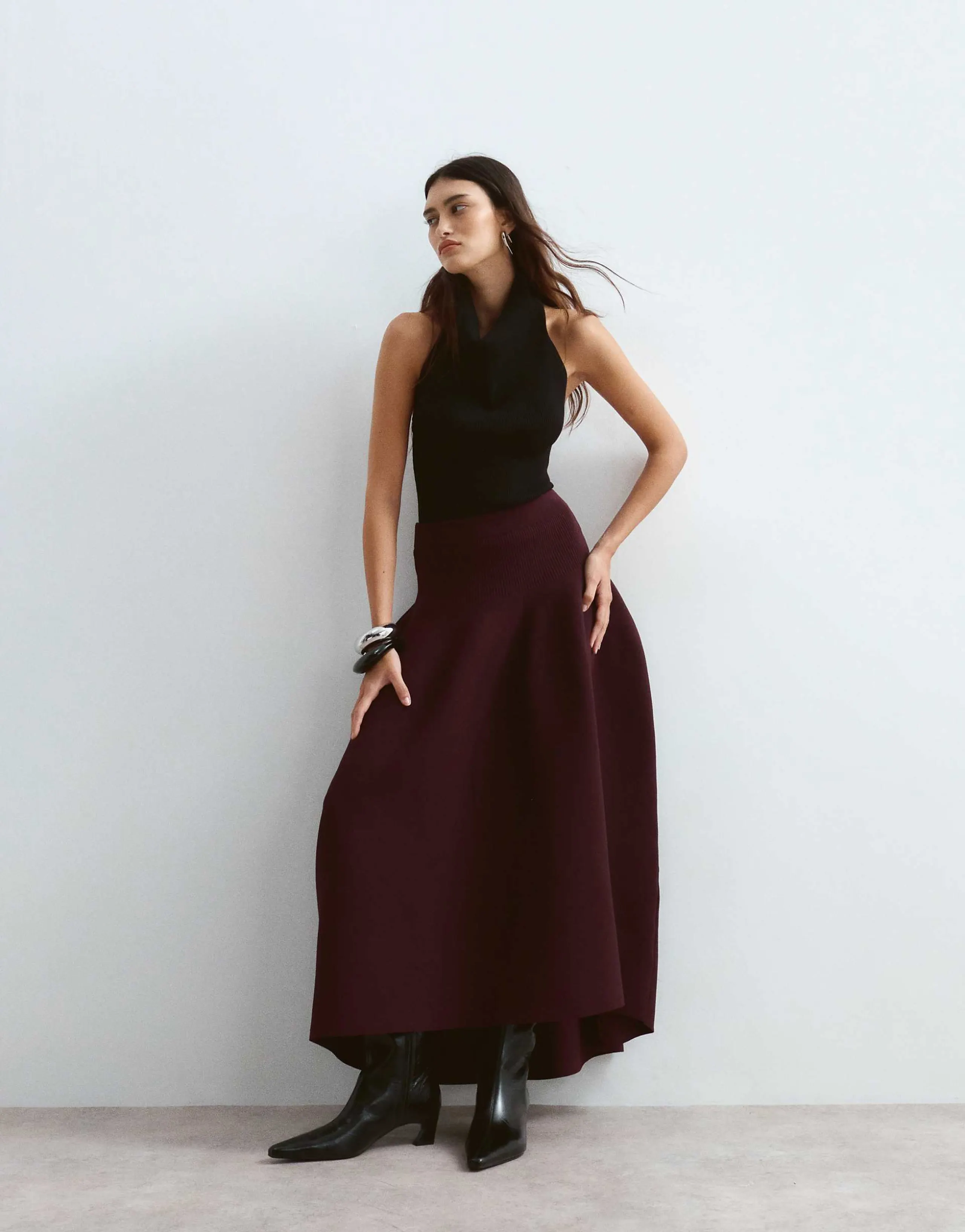 ARRANGE knit sculpted tulip midi skirt in oxblood