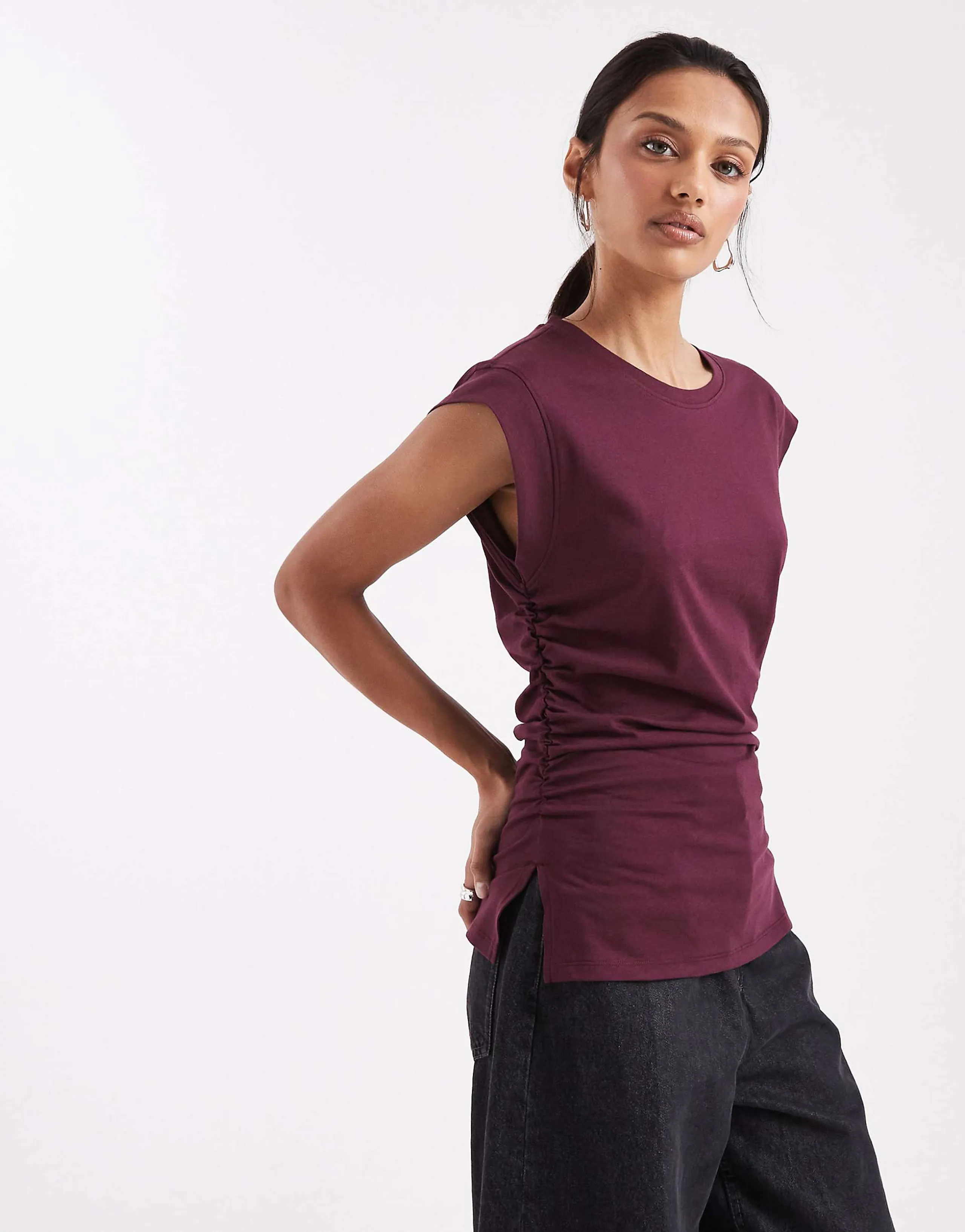 ASOS DESIGN corset waist sharp shoulders tank top in burgundy