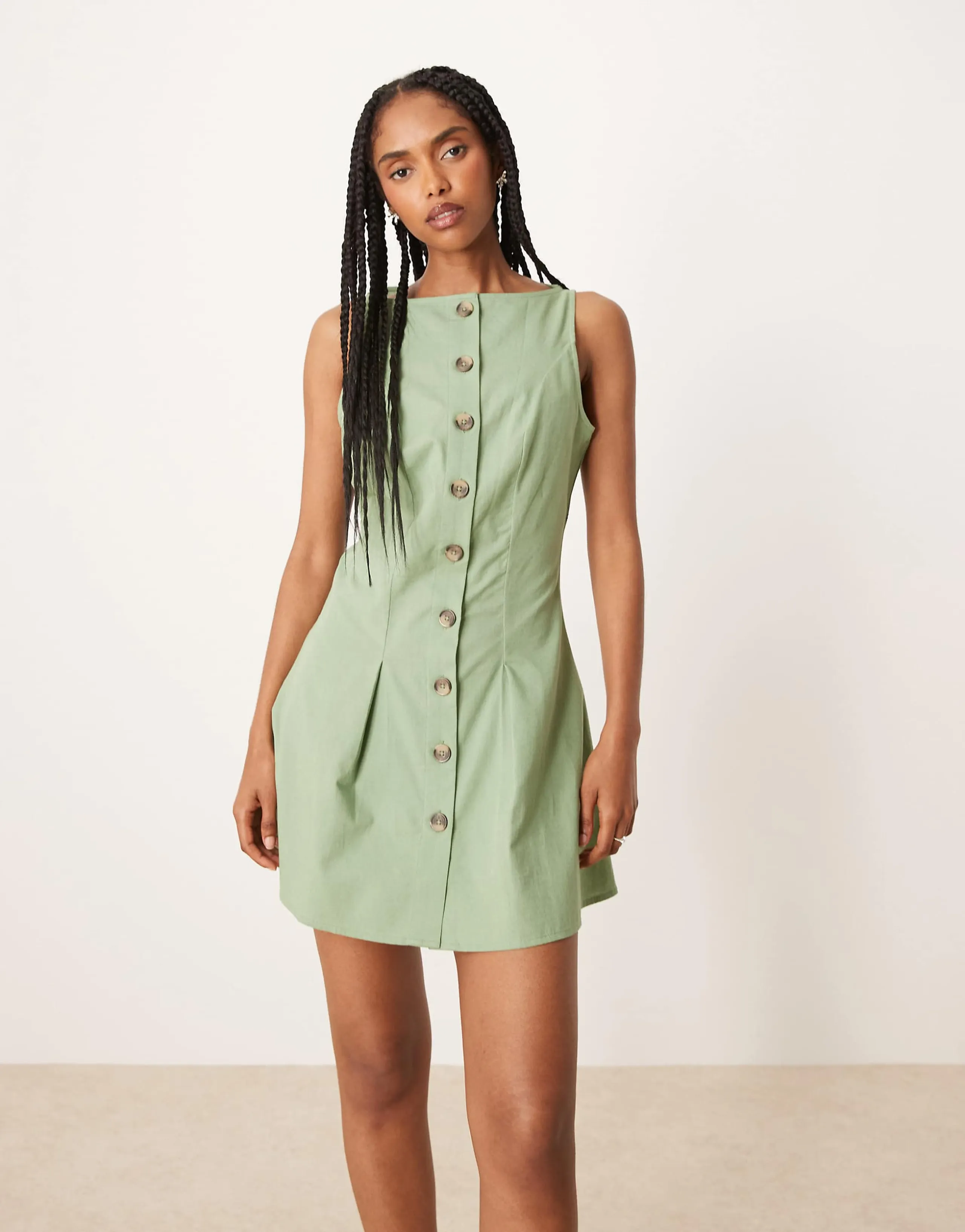 ASOS DESIGN slash neck button down mini vest sundress in sage