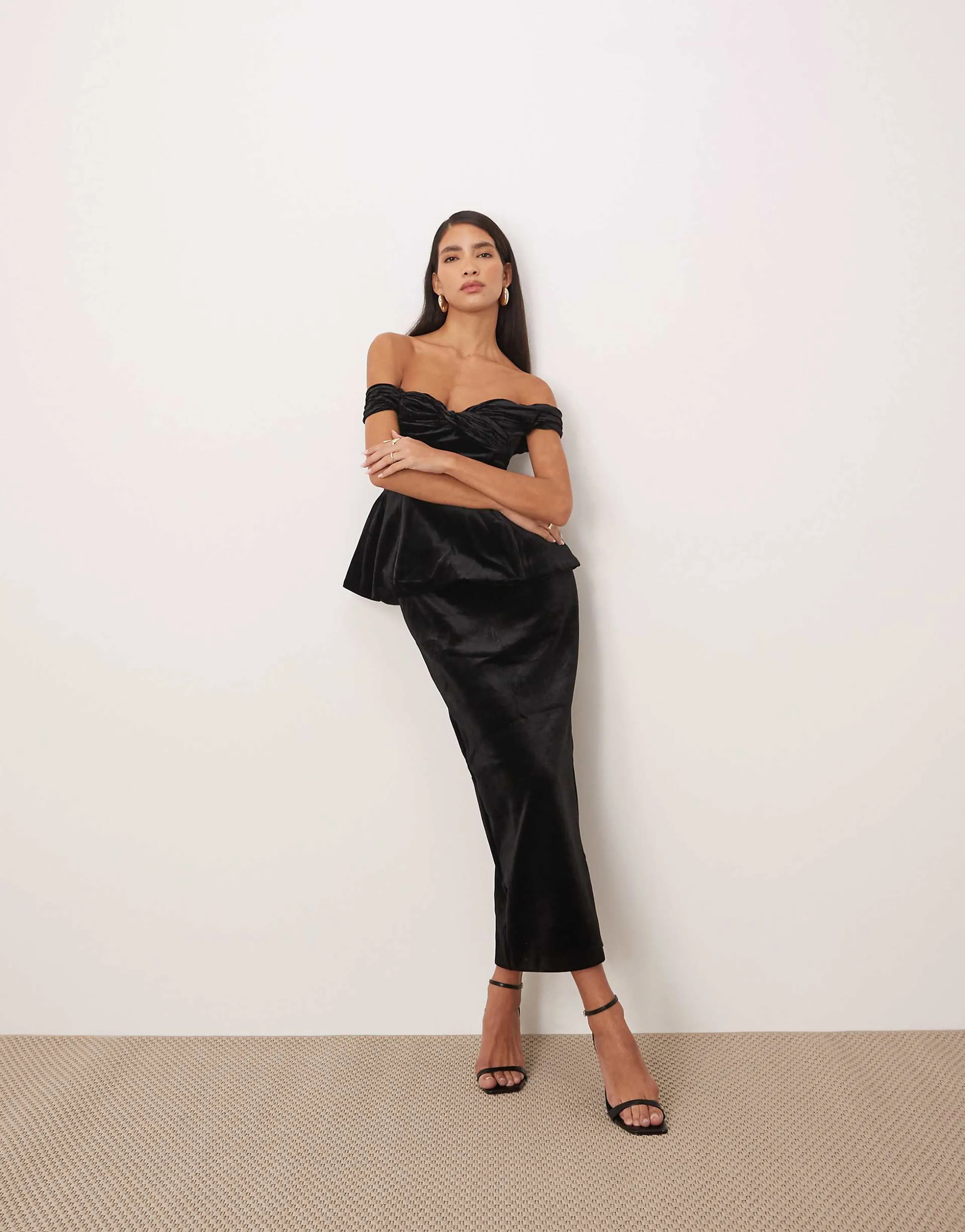 ARRANGE velvet off shoulder maxi dress with ruched bodice and column skirt in black