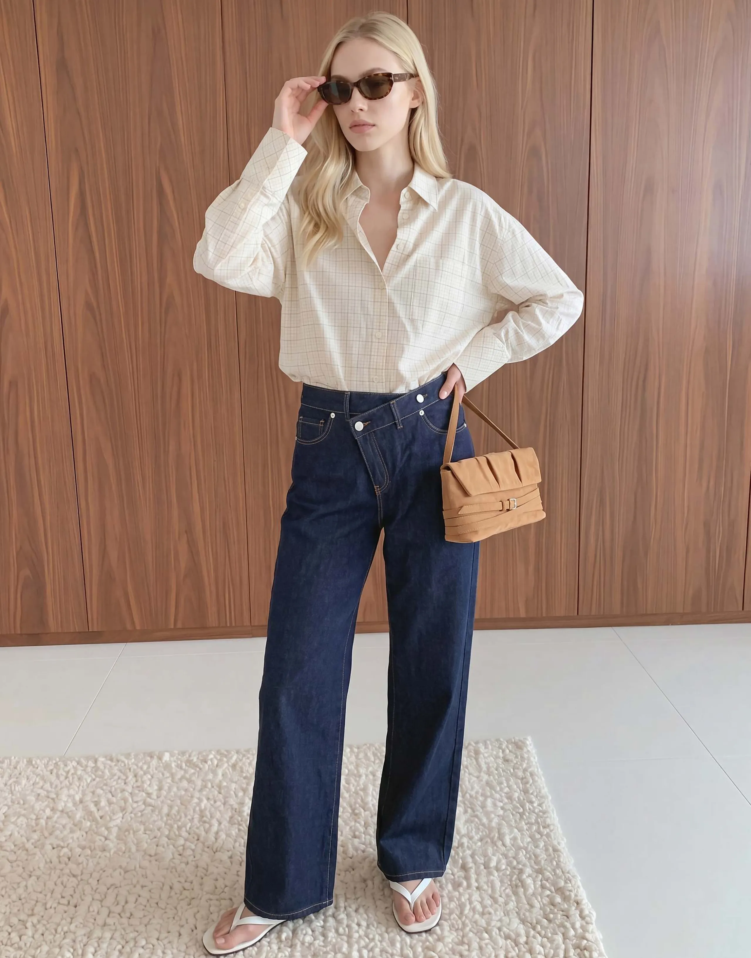 Vero Moda oversized shirt in cream and chocolate mini plaid print
