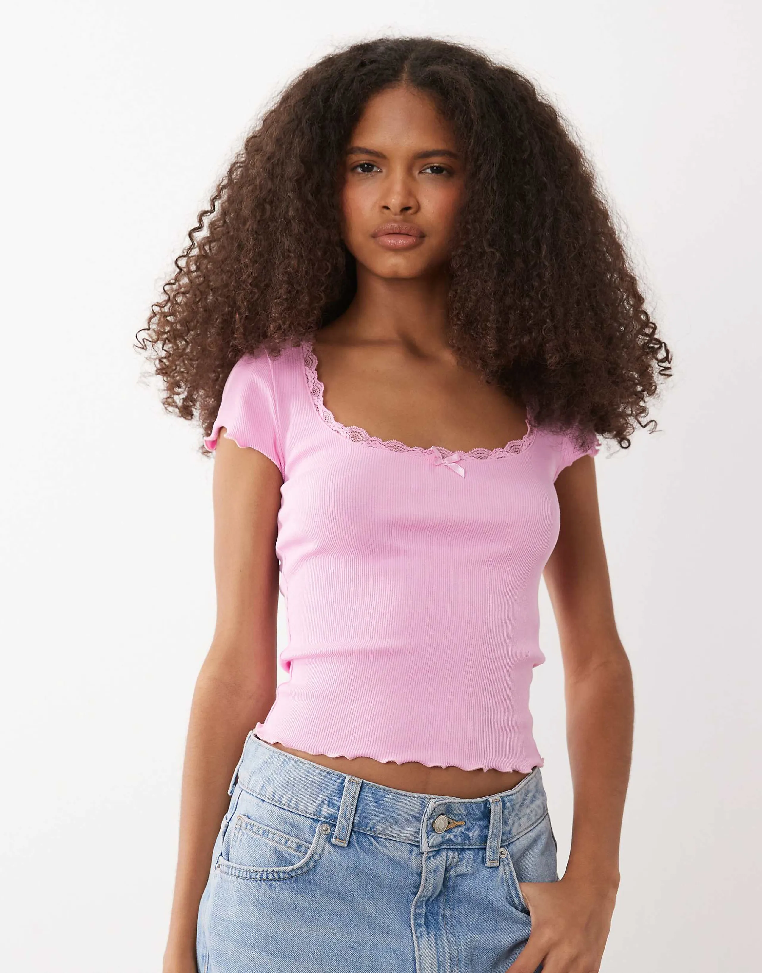 Miss Selfridge square neck lace trim short sleeve top in pink