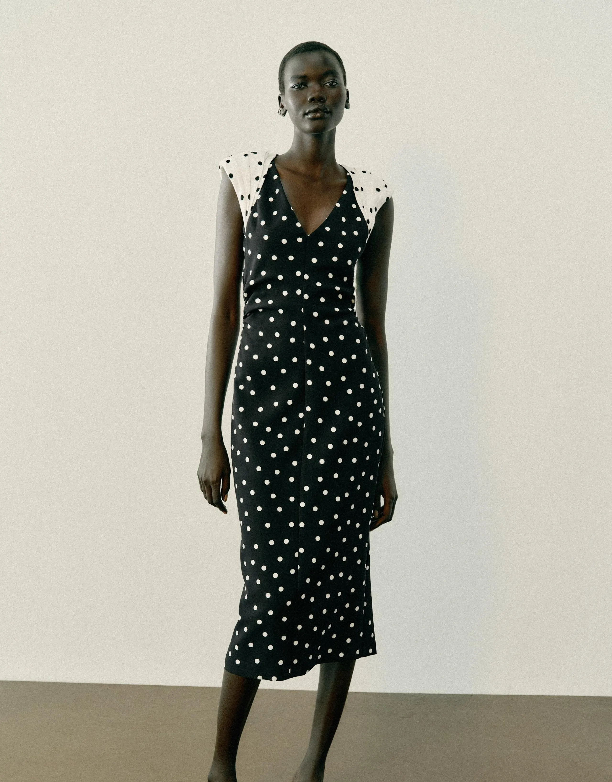 POLKA DOT MIDI DRESS WITH SHOULDER PADS