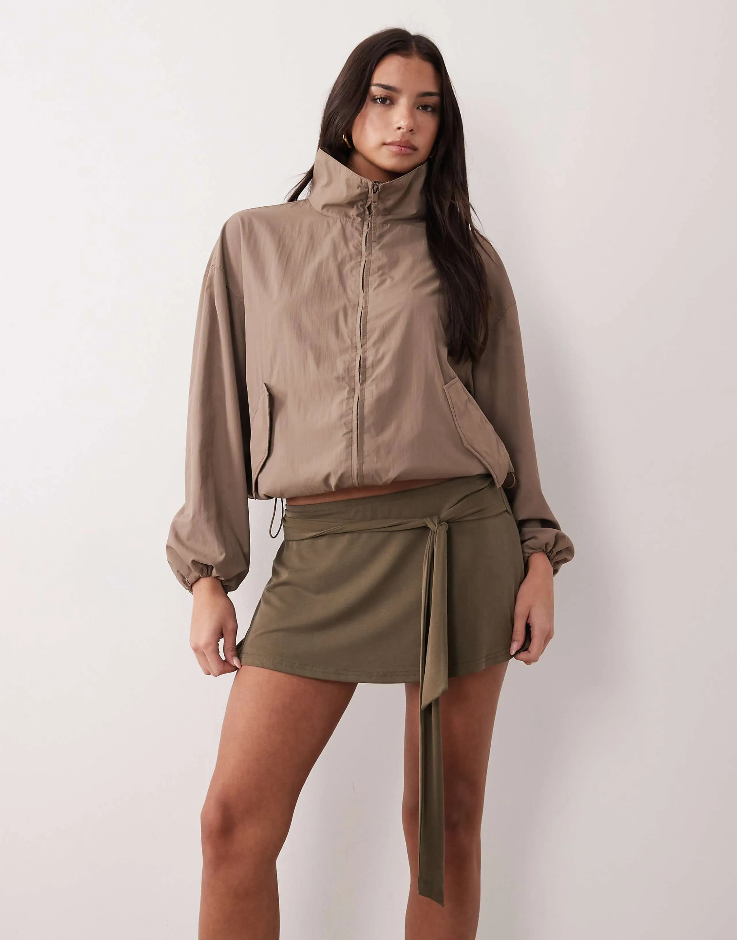 Motel Grecia tie detail mini skirt in khaki green