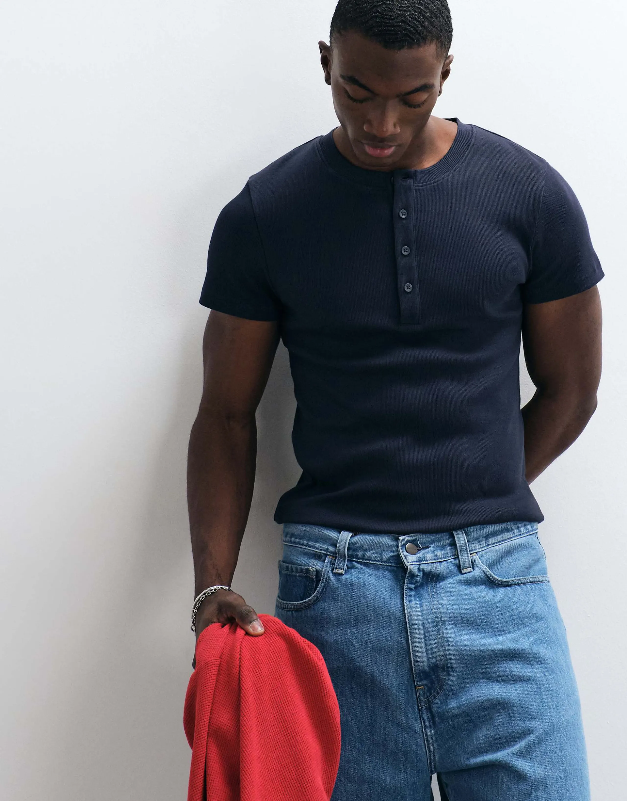 COLLUSION rib muscle short sleeve henley T-shirt top in navy