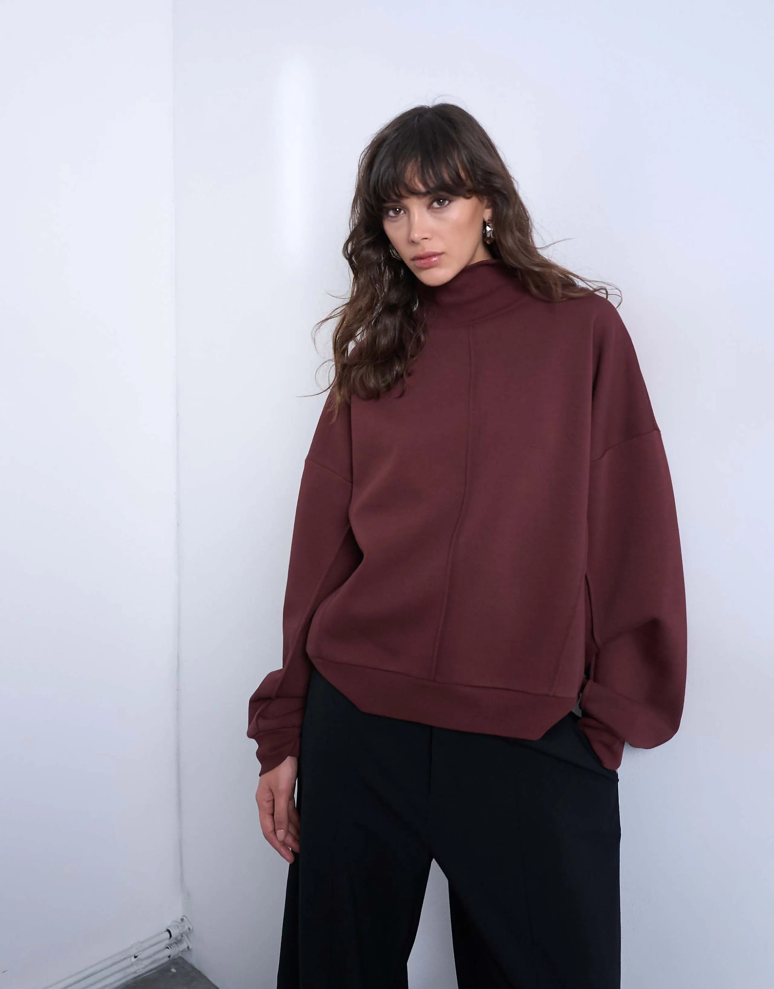 Topshop funnel neck seam detail sweatshirt in chocolate