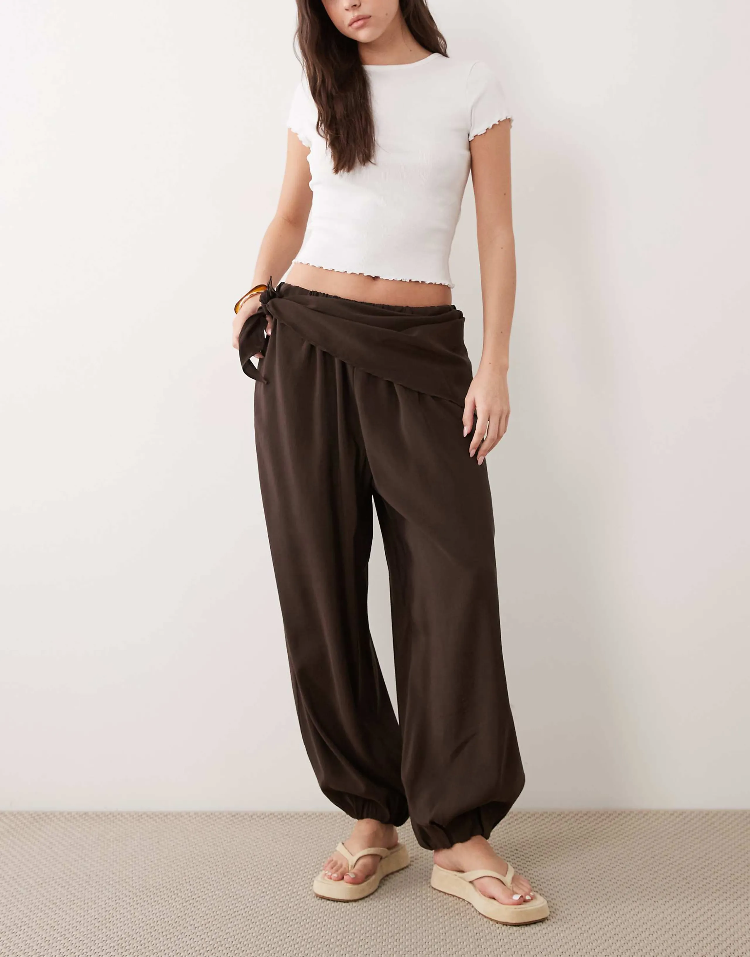 ASOS DESIGN modal look tie waist balloon pants in chocolate
