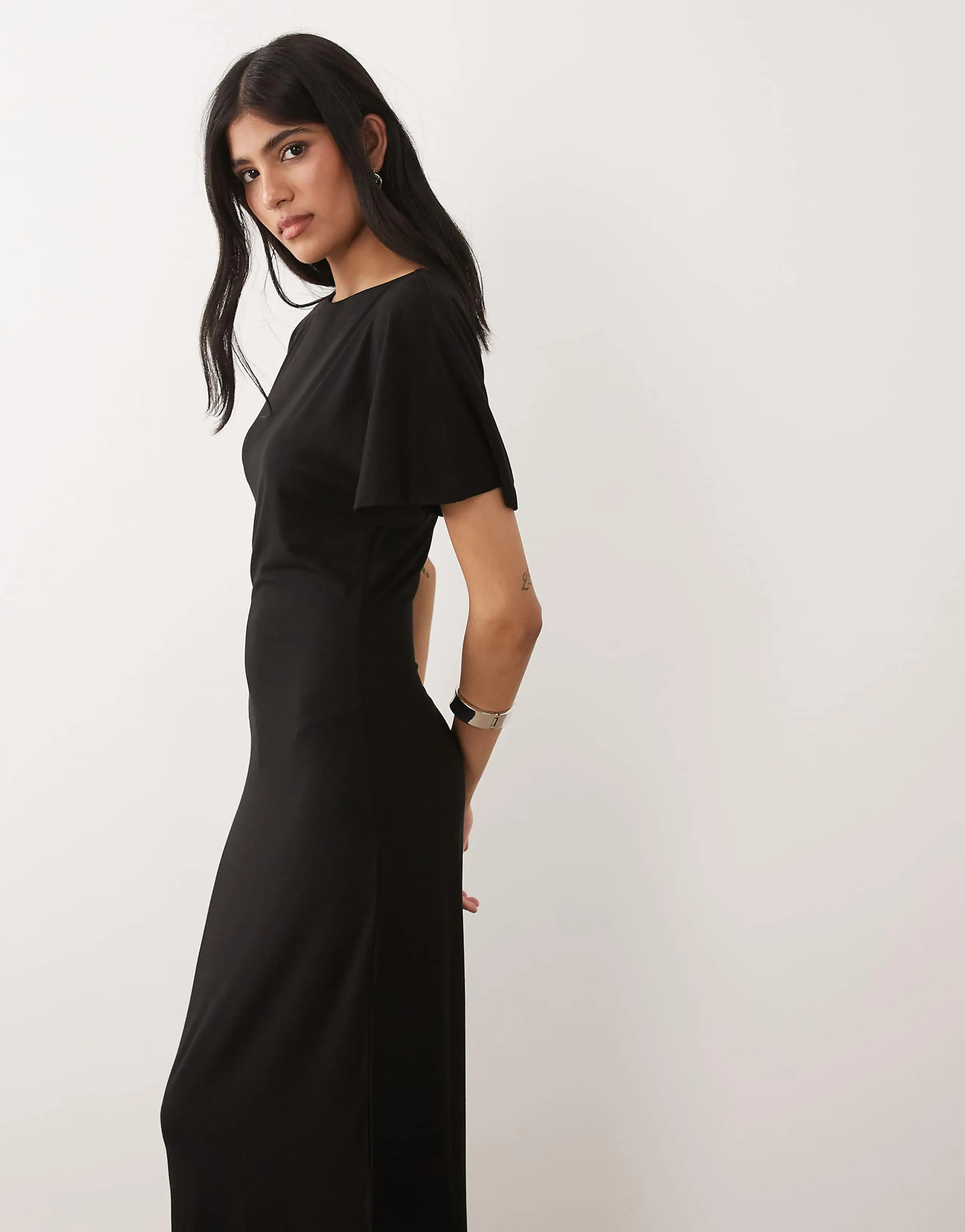 ASOS DESIGN cinch waist angle sleeve miadaxi dress with v back detail in black