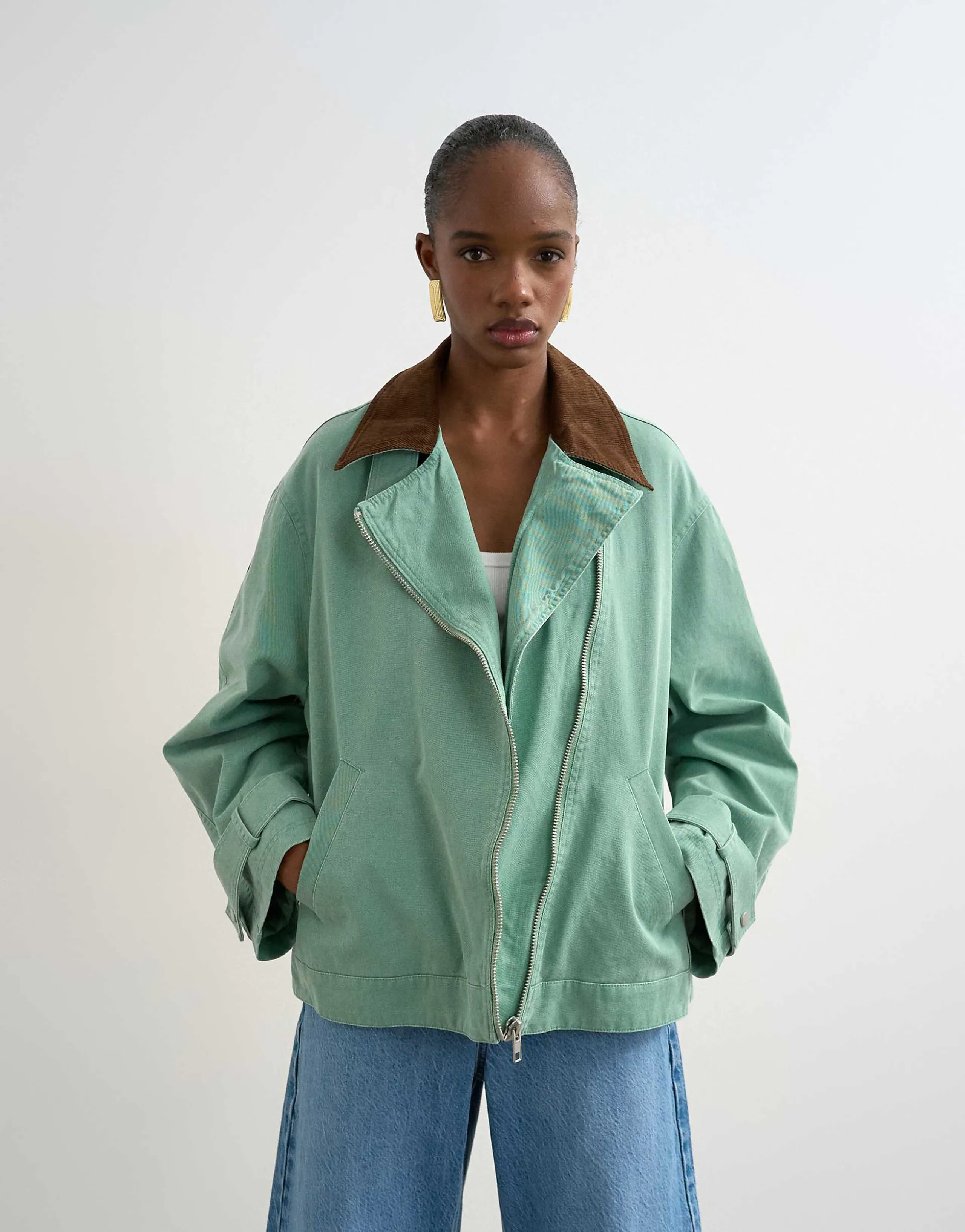 Topshop washed zip front jacket with contrast corduroy collar in turquoise