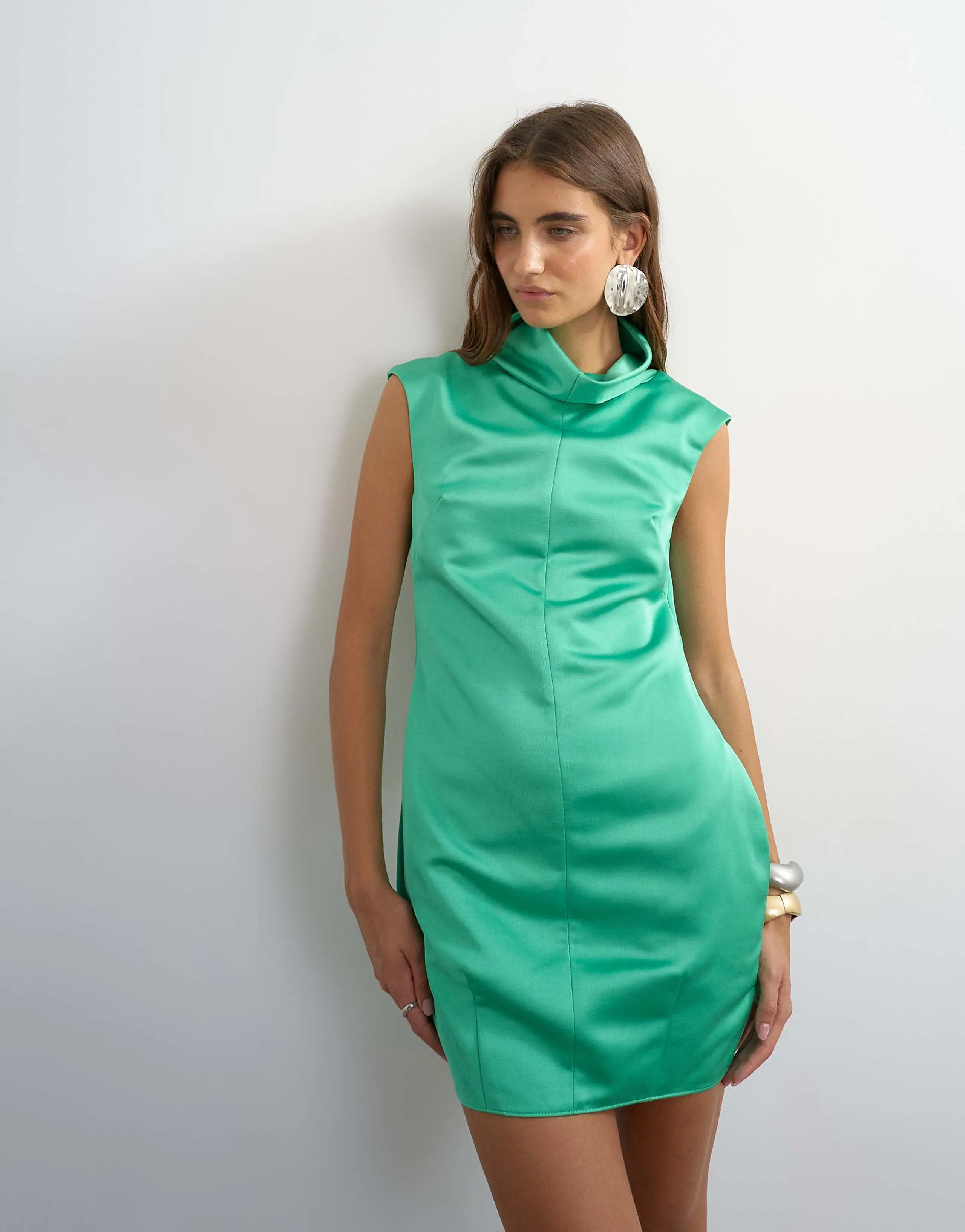 Topshop funnel neck barrel cut satin mini dress in spearmint green