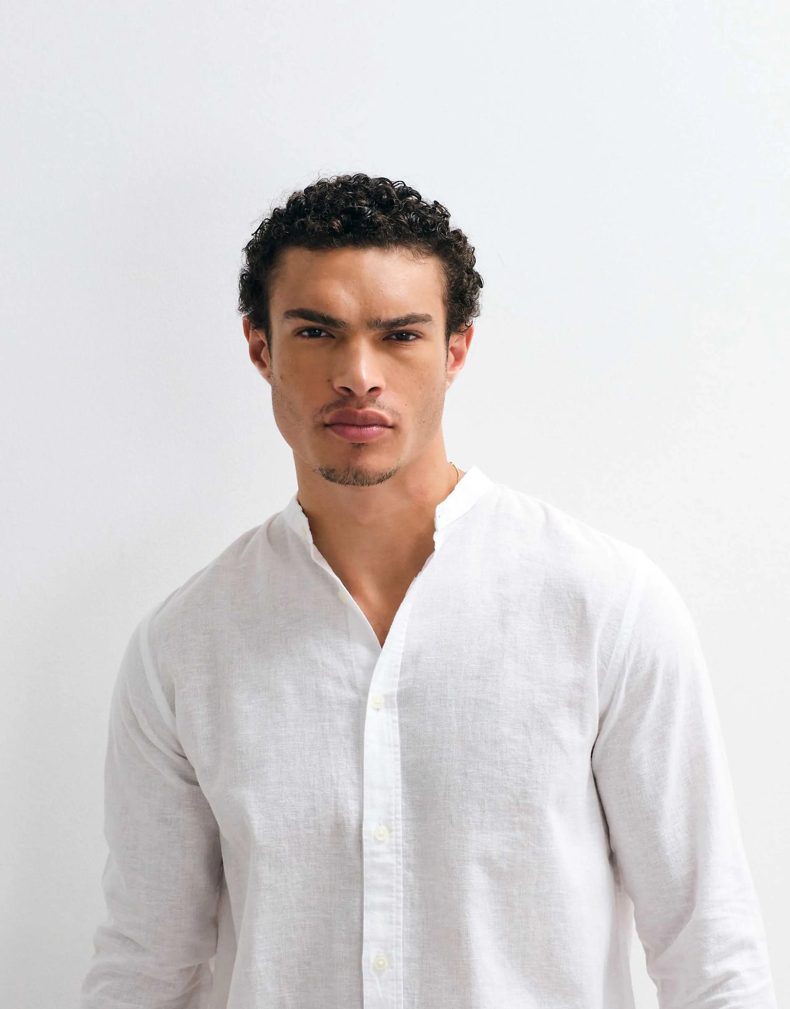 Only & Sons linen mix grandad collar shirt in white 