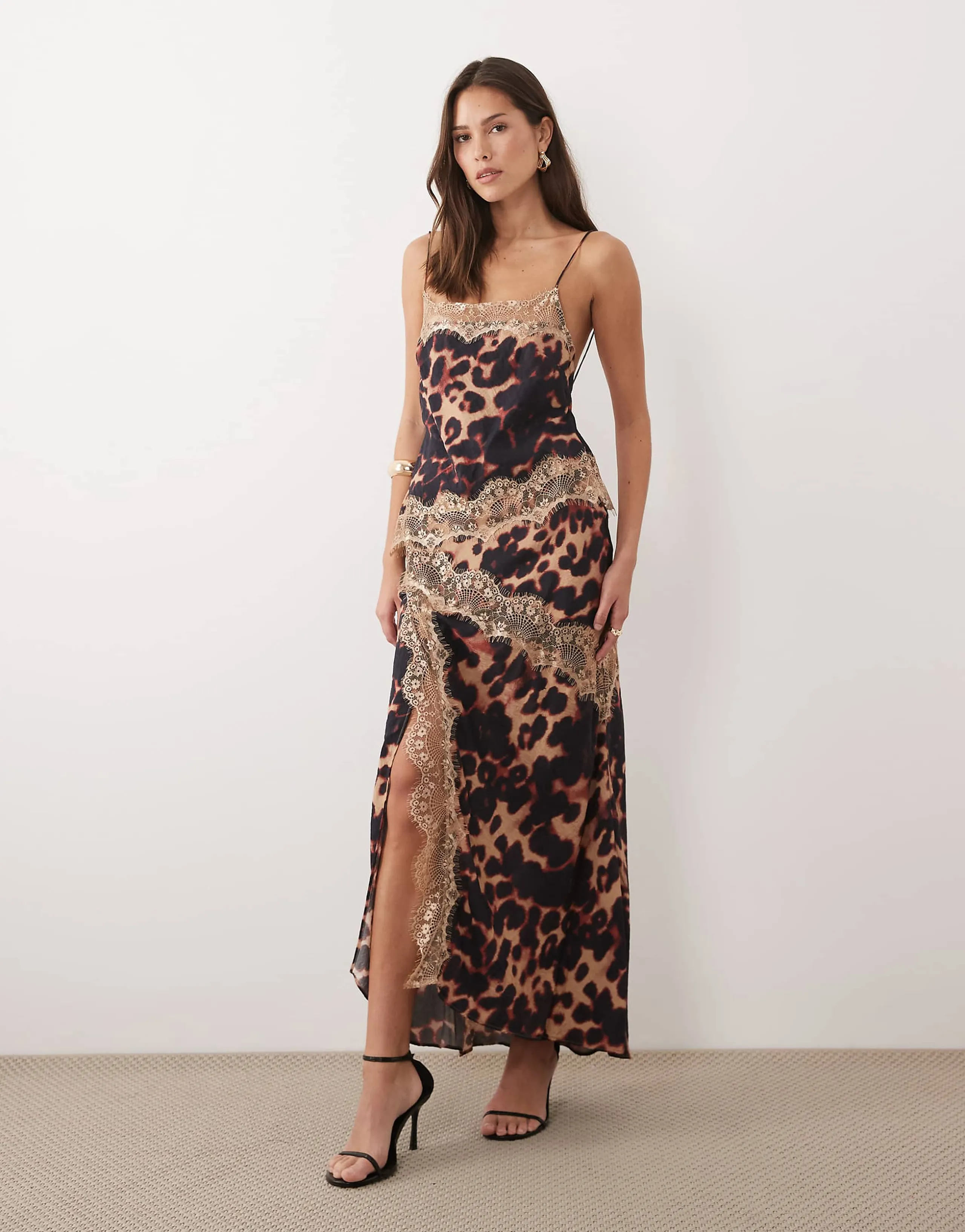 ASOS DESIGN overlay lace trim midaxi dress with back detail in leopard print