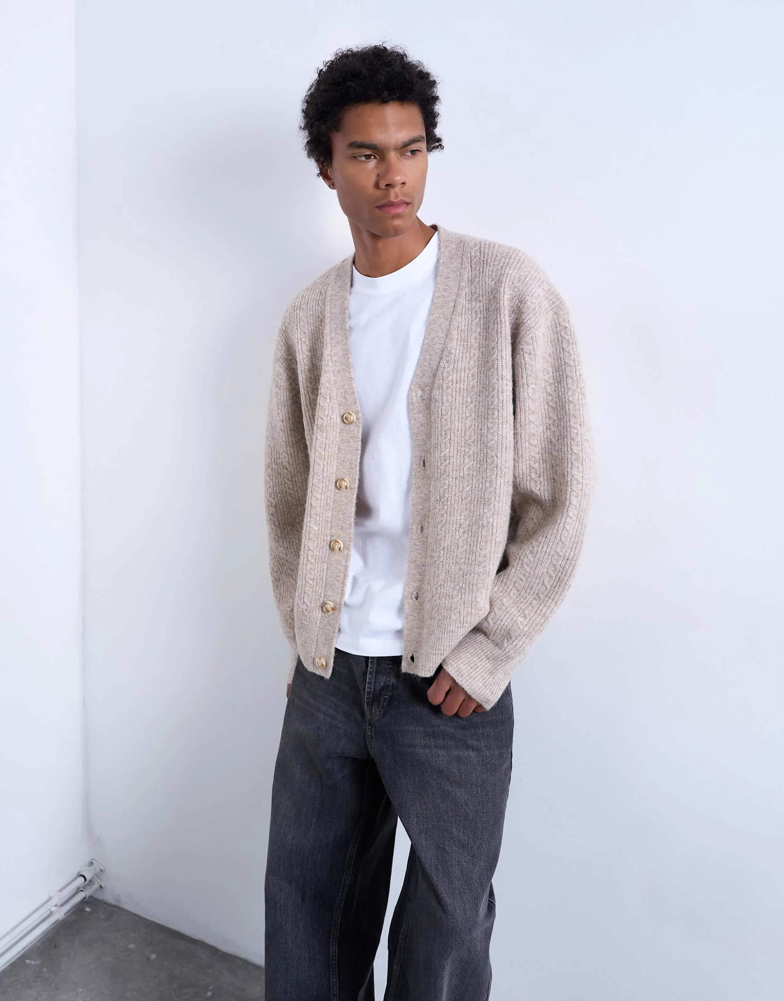 Topman relaxed fit cable knit cardigan in stone