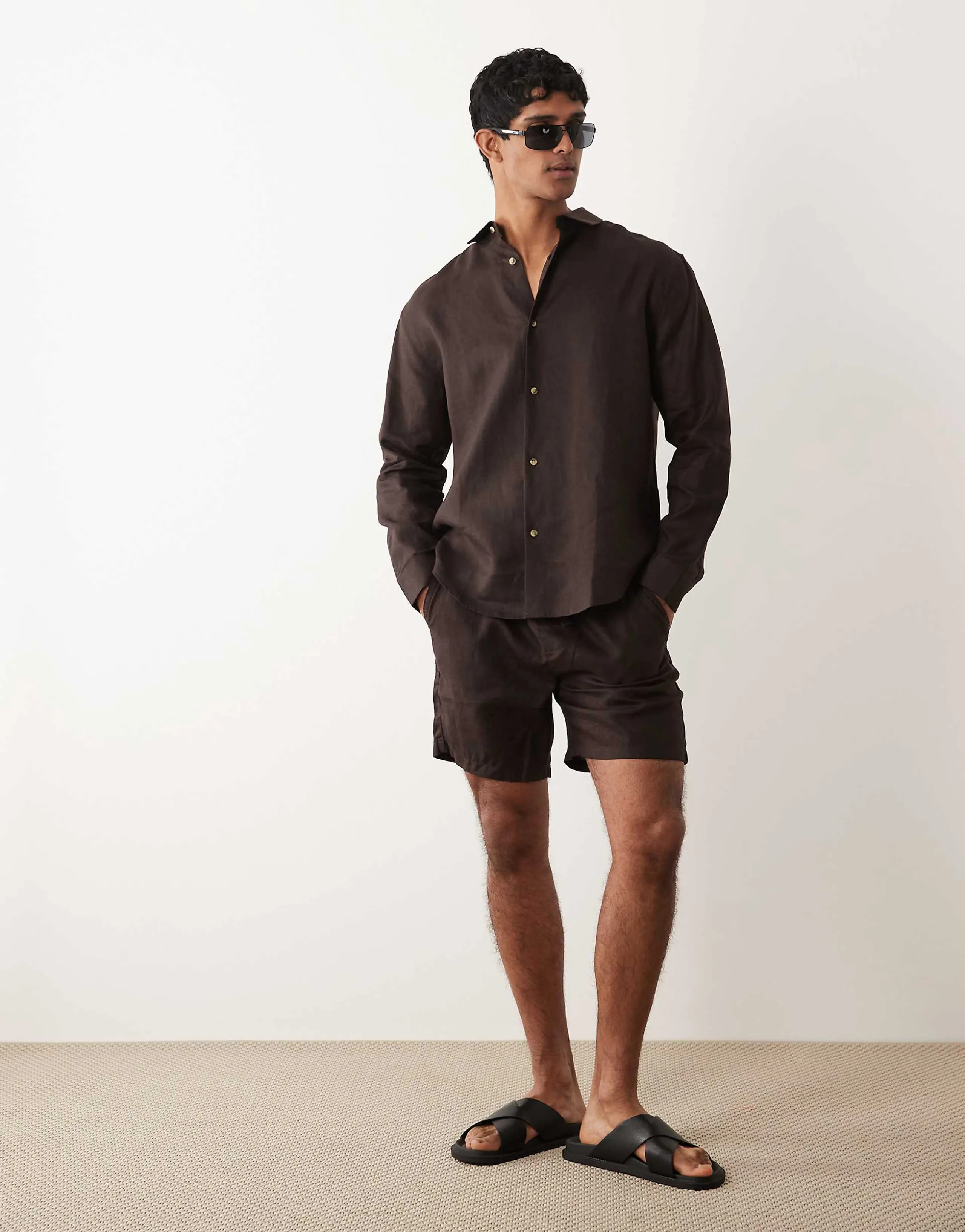 ASOS DESIGN mid length slim 100% linen shorts in brown - part of a set