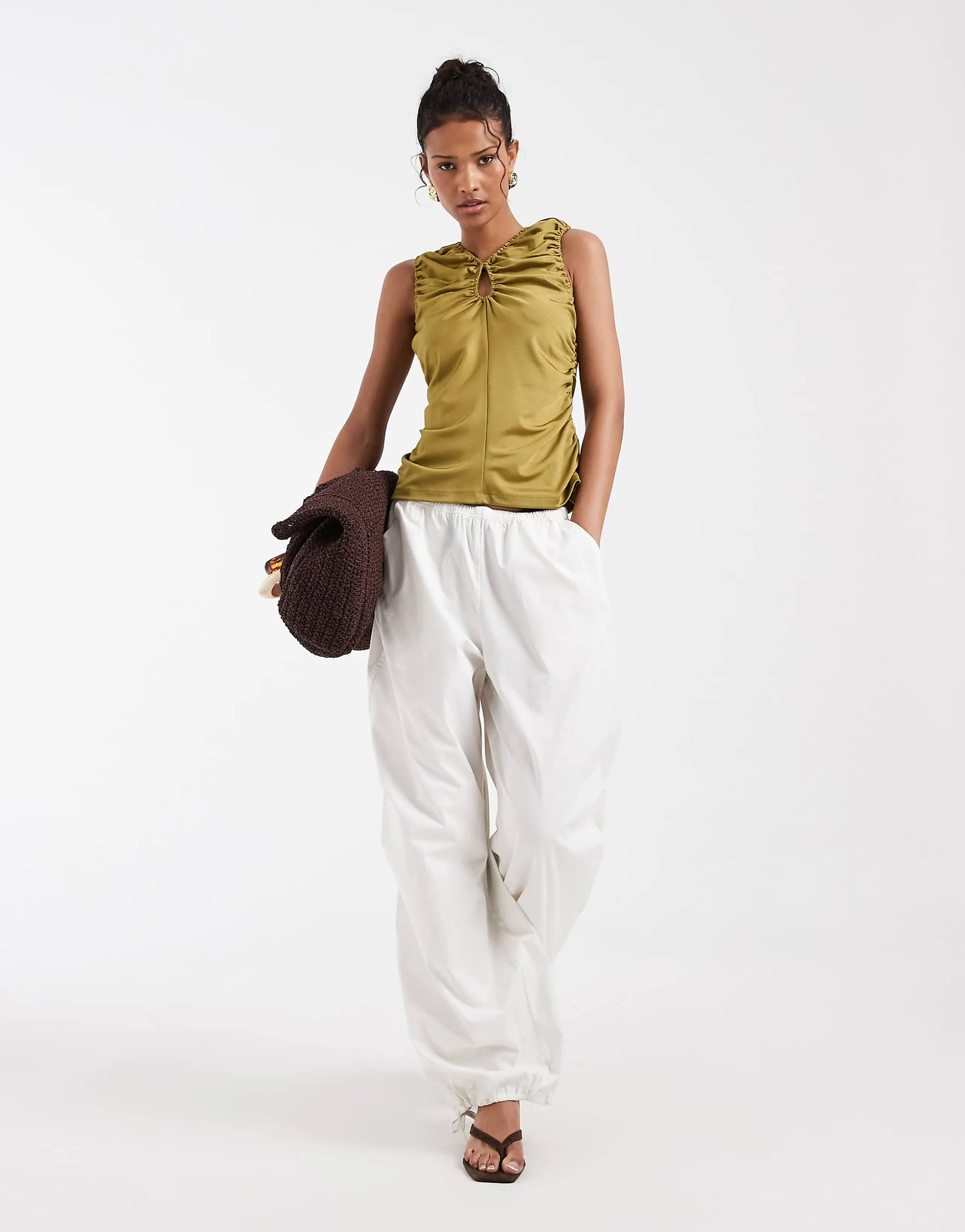 & Other Stories ruched jersey top with keyhole in olive green