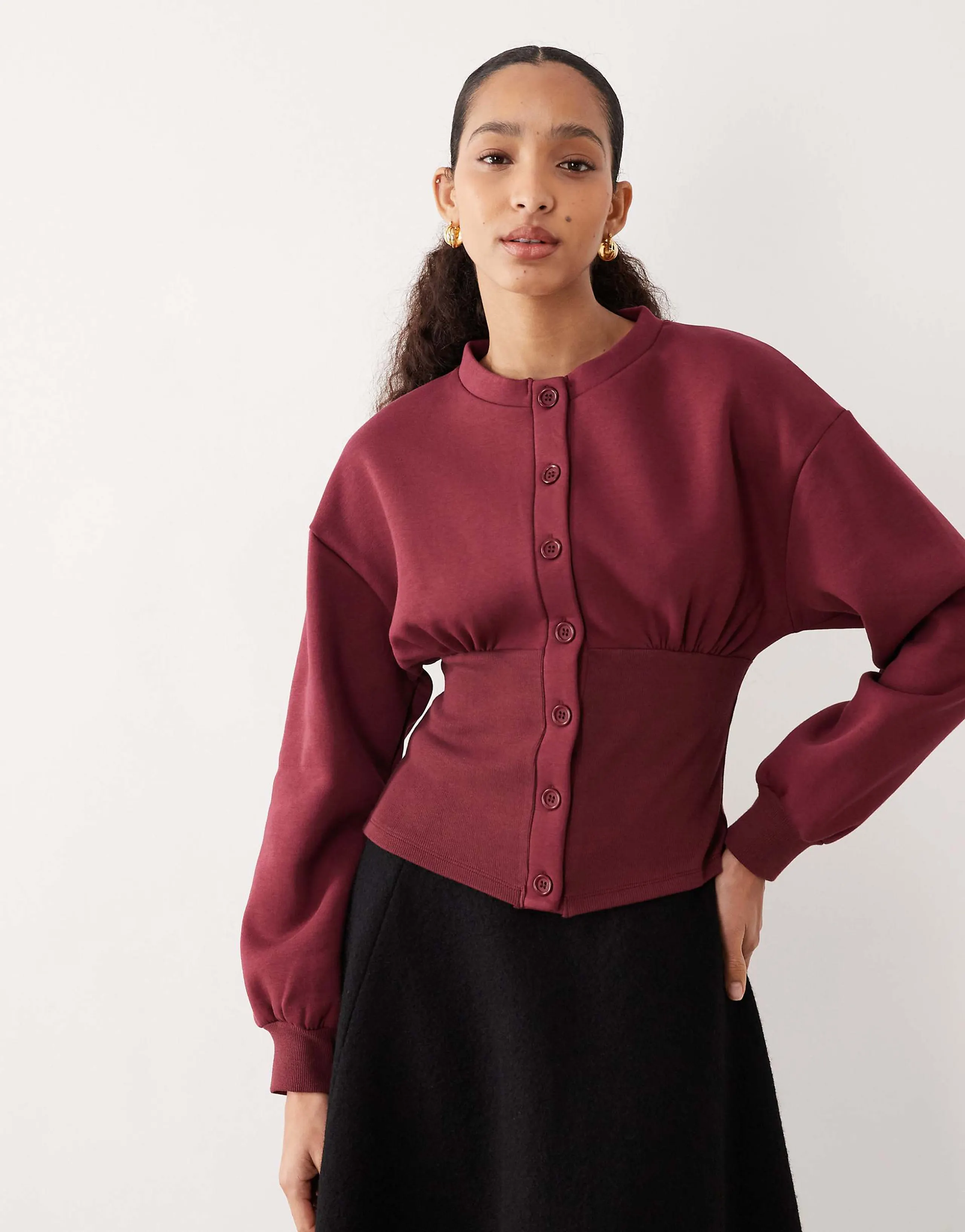 ASOS DESIGN cinched button up sweatshirt in burgundy