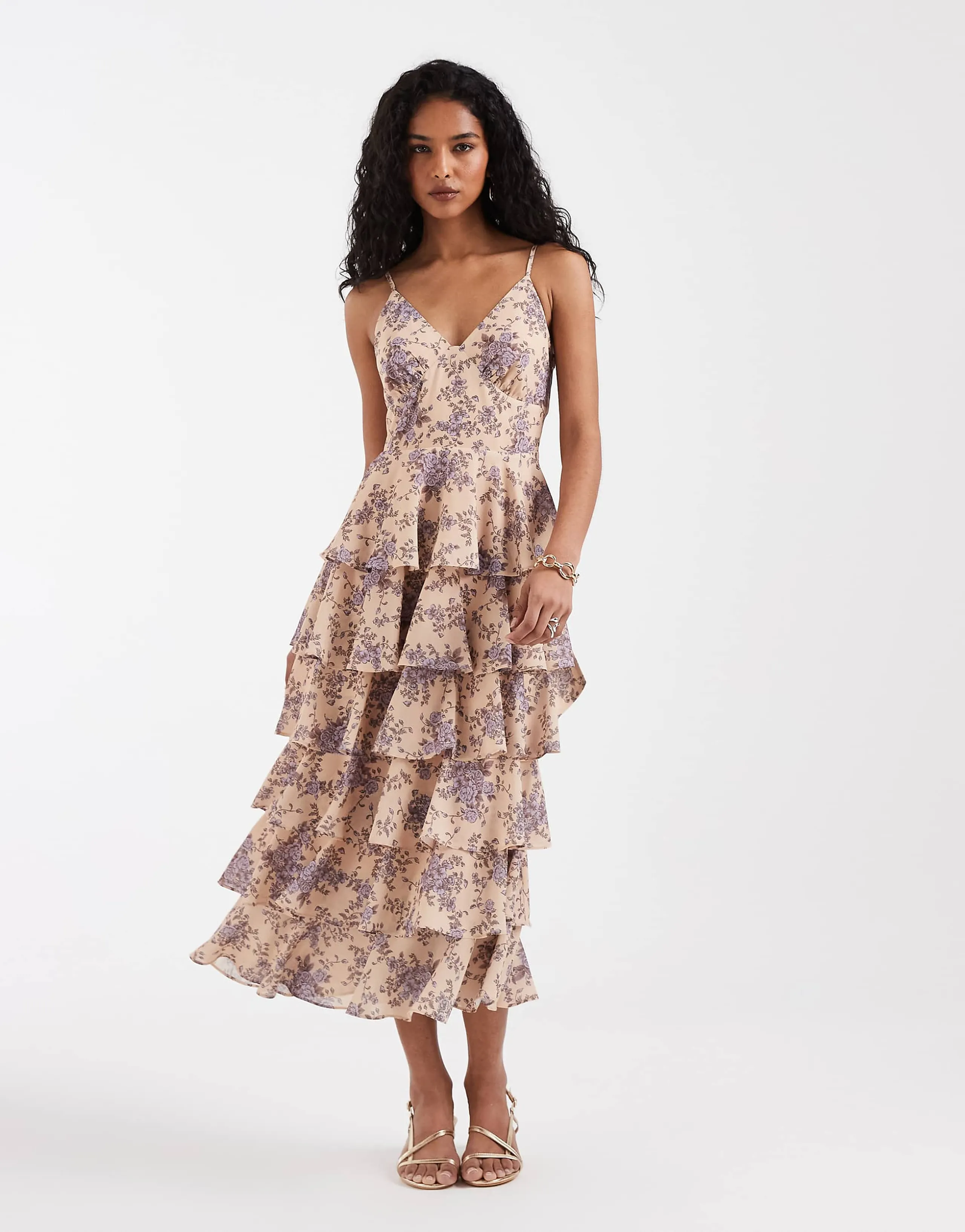 Pretty Lavish tie back ruffle midaxi dress in lilac floral print