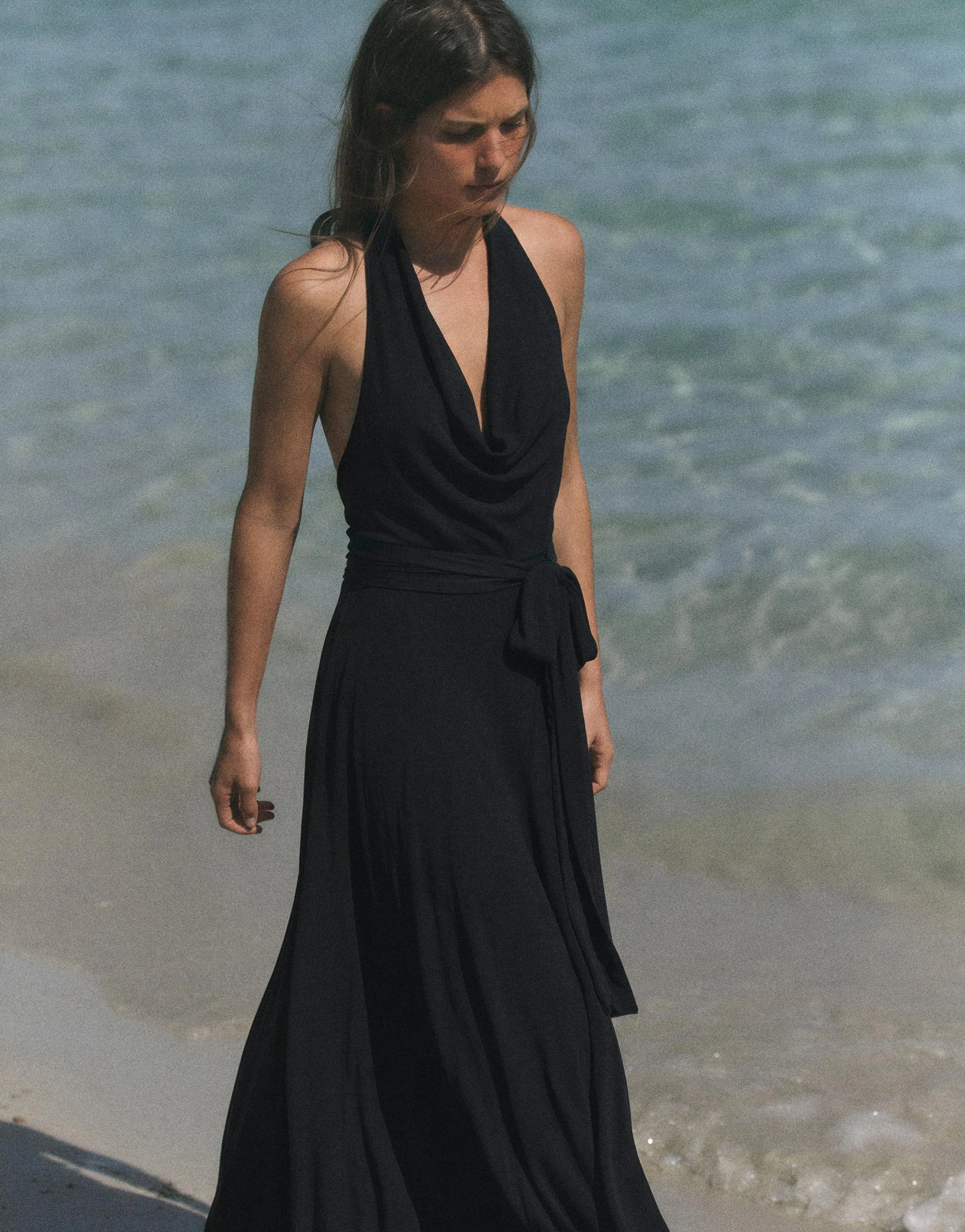 CHIFFON HALTER MIDI DRESS WITH TIE