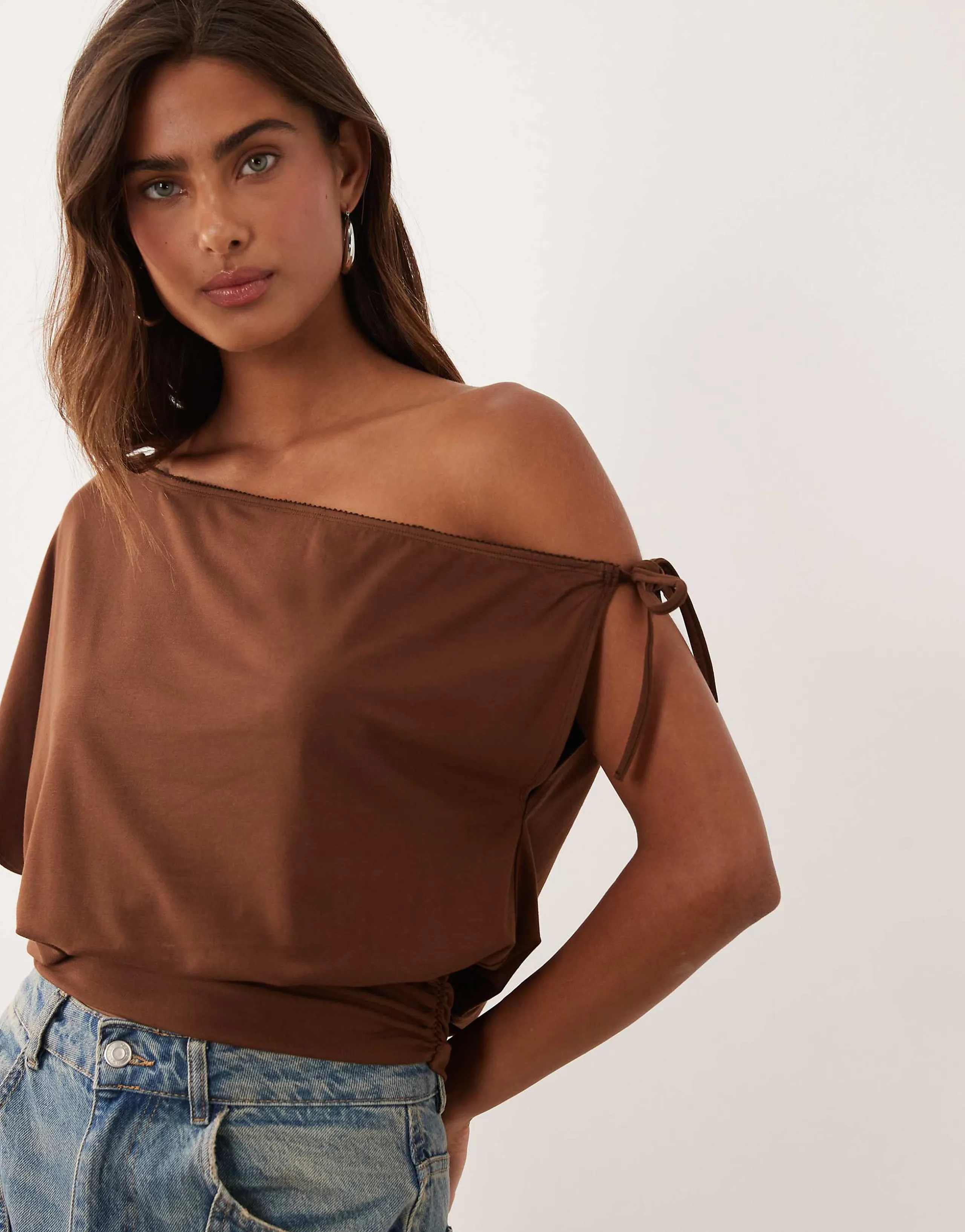 Miss Selfridge gathered off the shoulder top with deep waistband and lace trim in brown