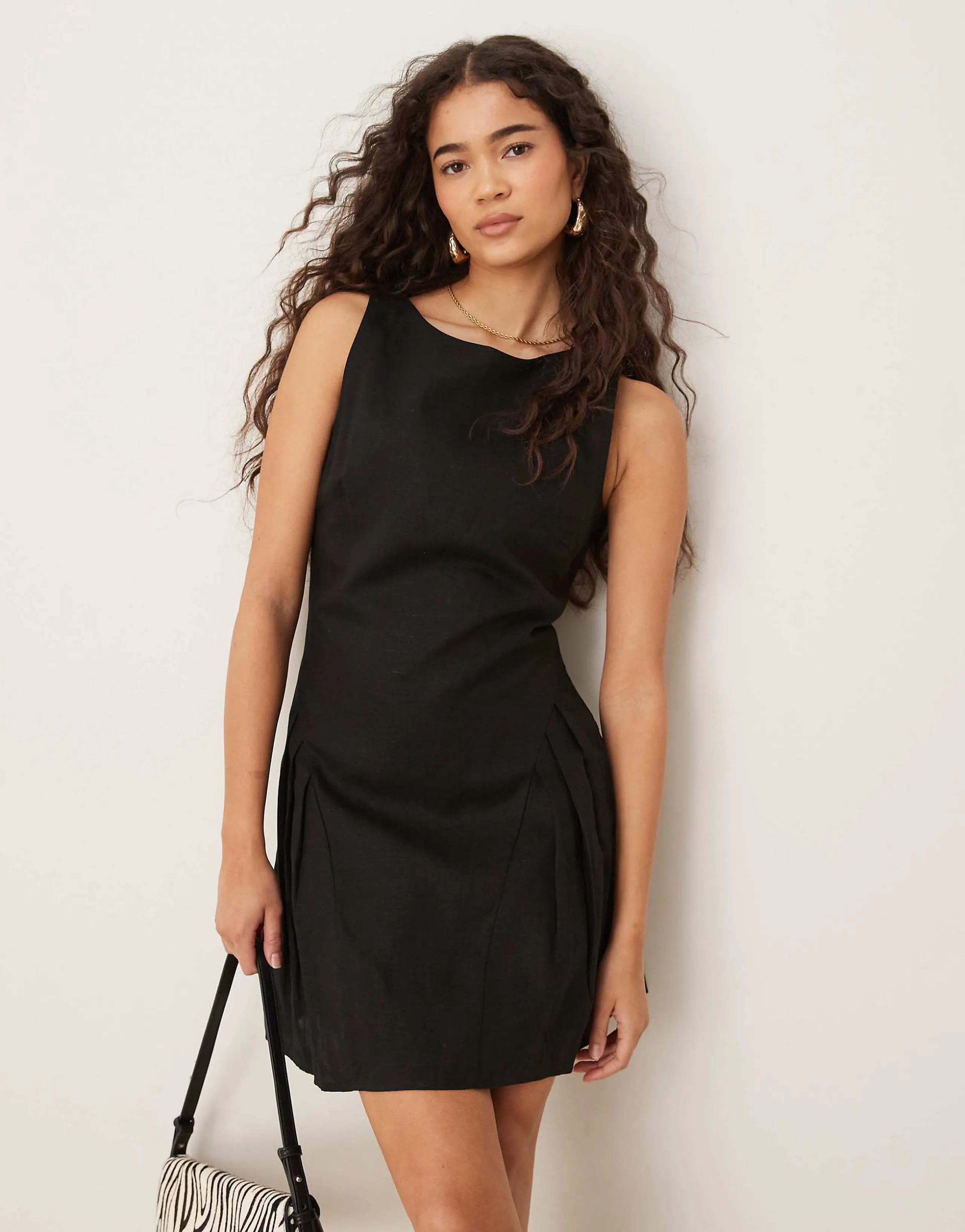 Mango linen mix dropped waist mini dress in black