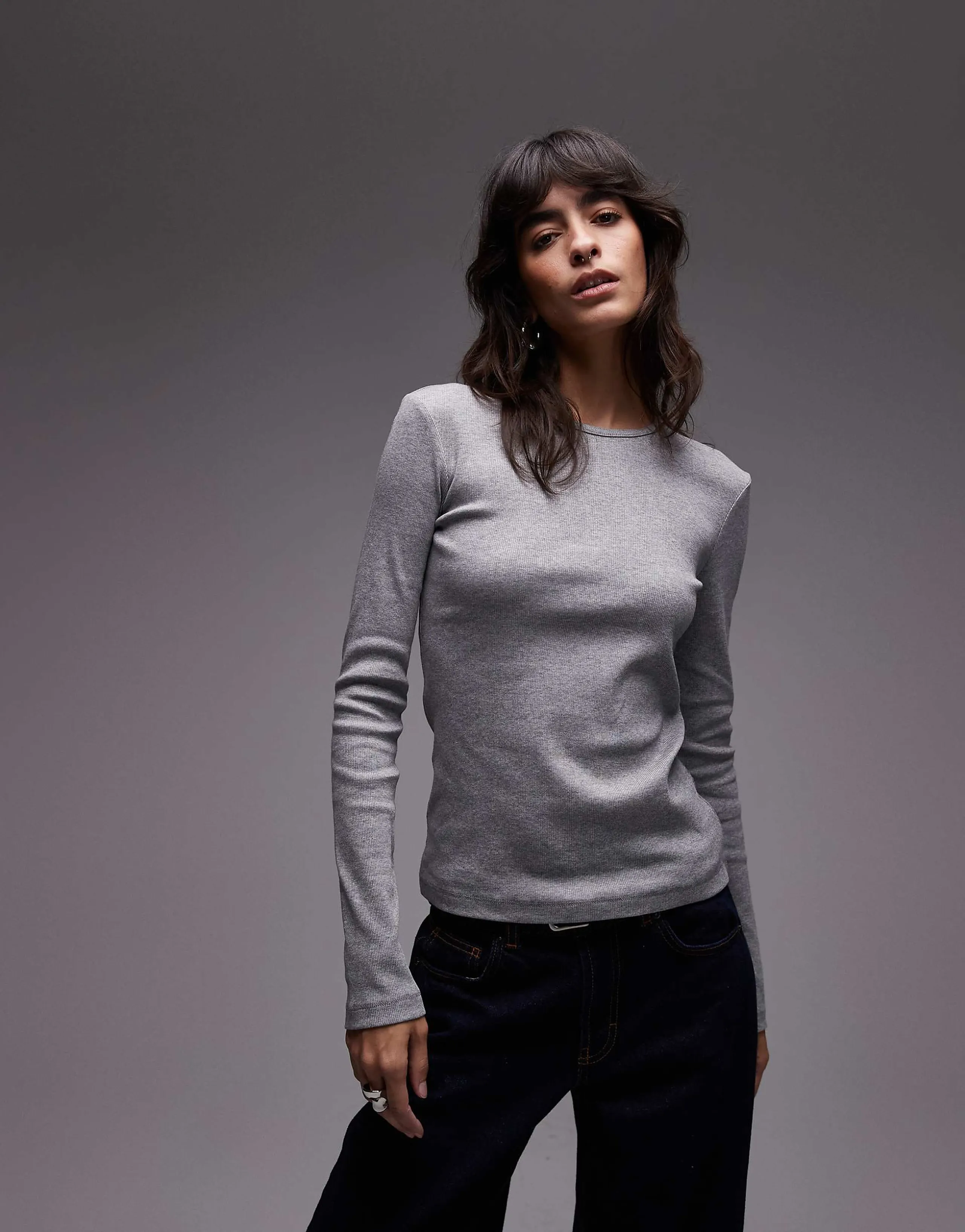 & Other Stories soft jersey ribbed long sleeve top in heather gray