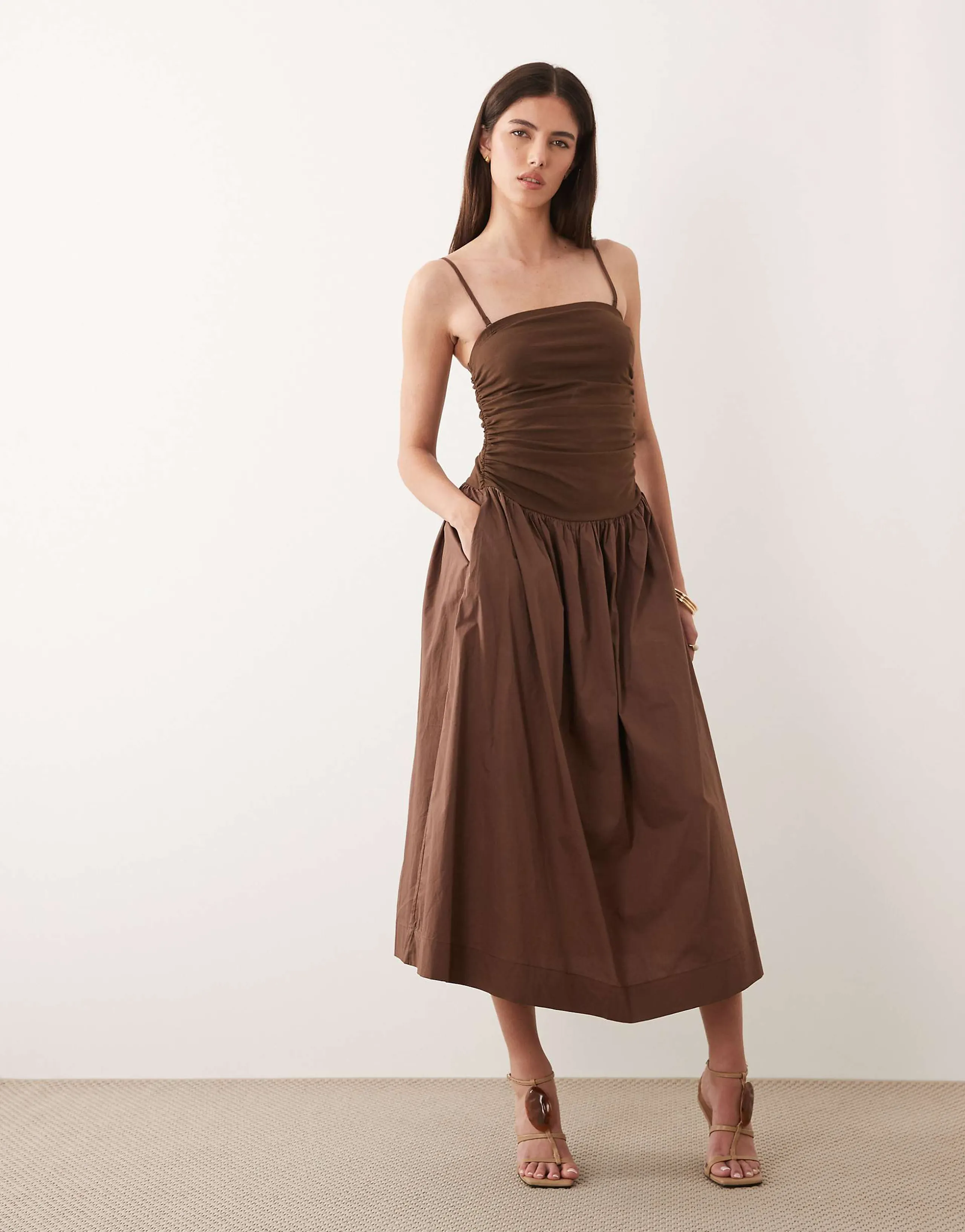 Never Fully Dressed Lola cami ruched bodice drop waist midi dress in chocolate