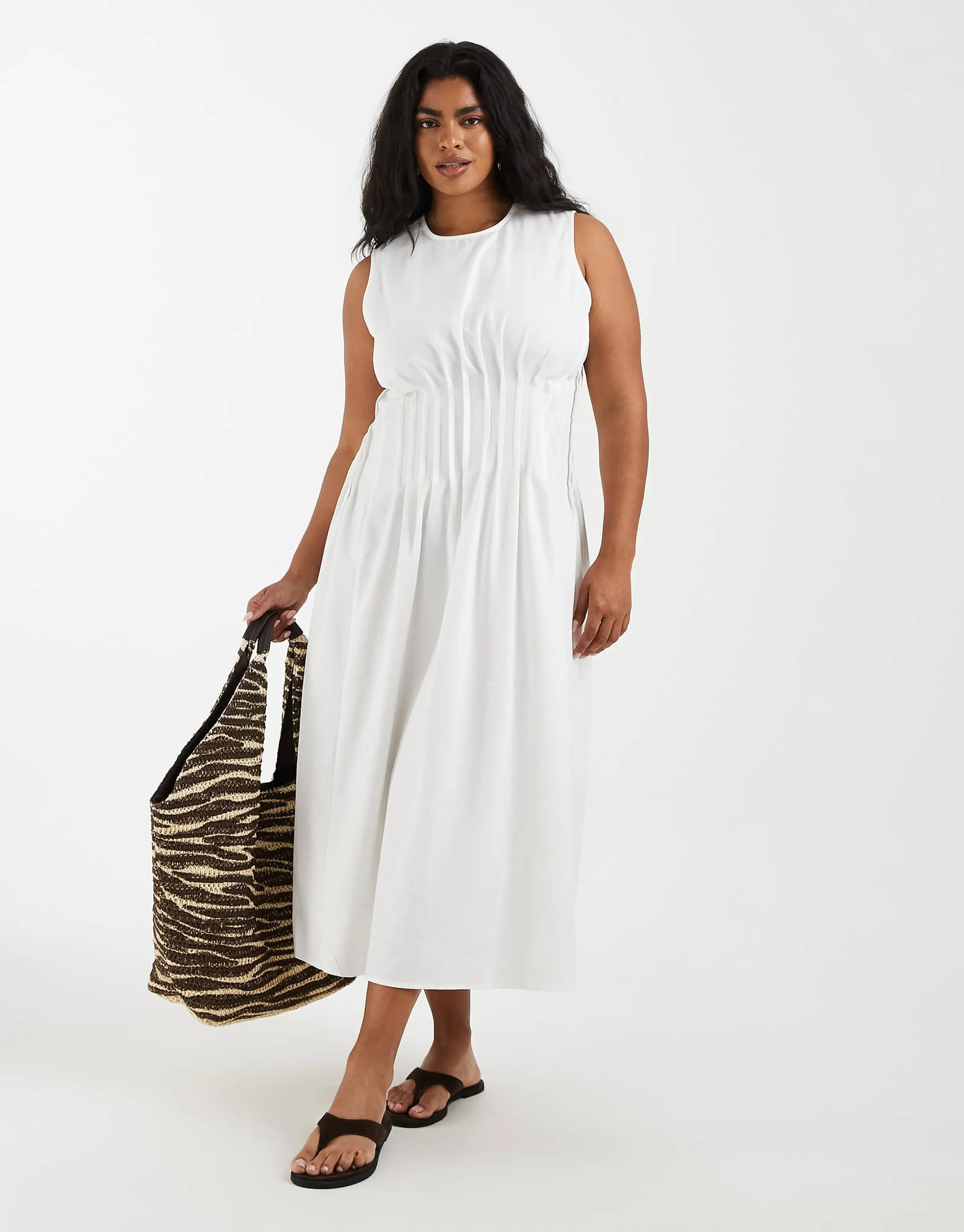 Vero Moda Curve poplin pleated waist sleeveless midi dress in white