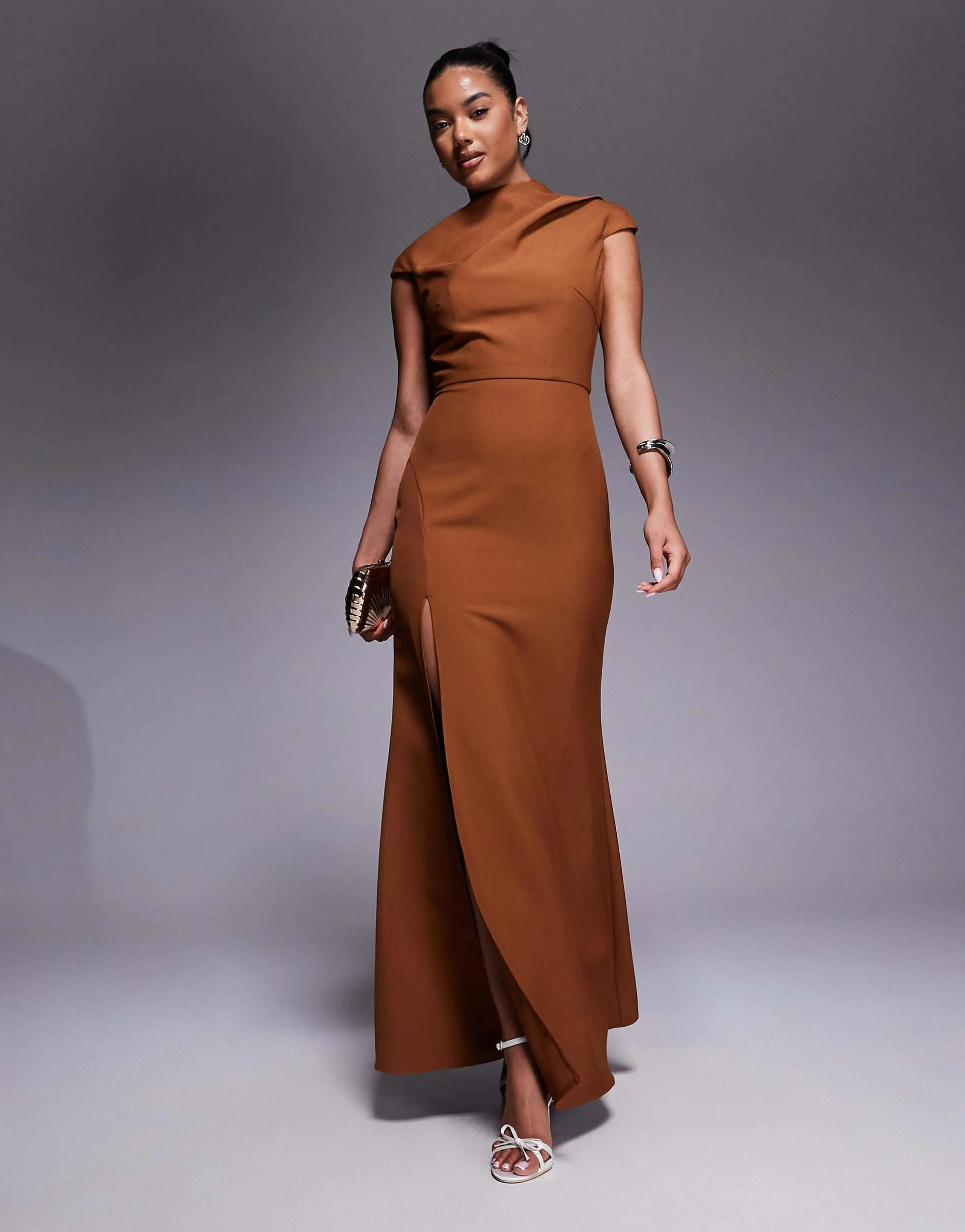 Jarlo high neck maxi dress with thigh slit in chocolate