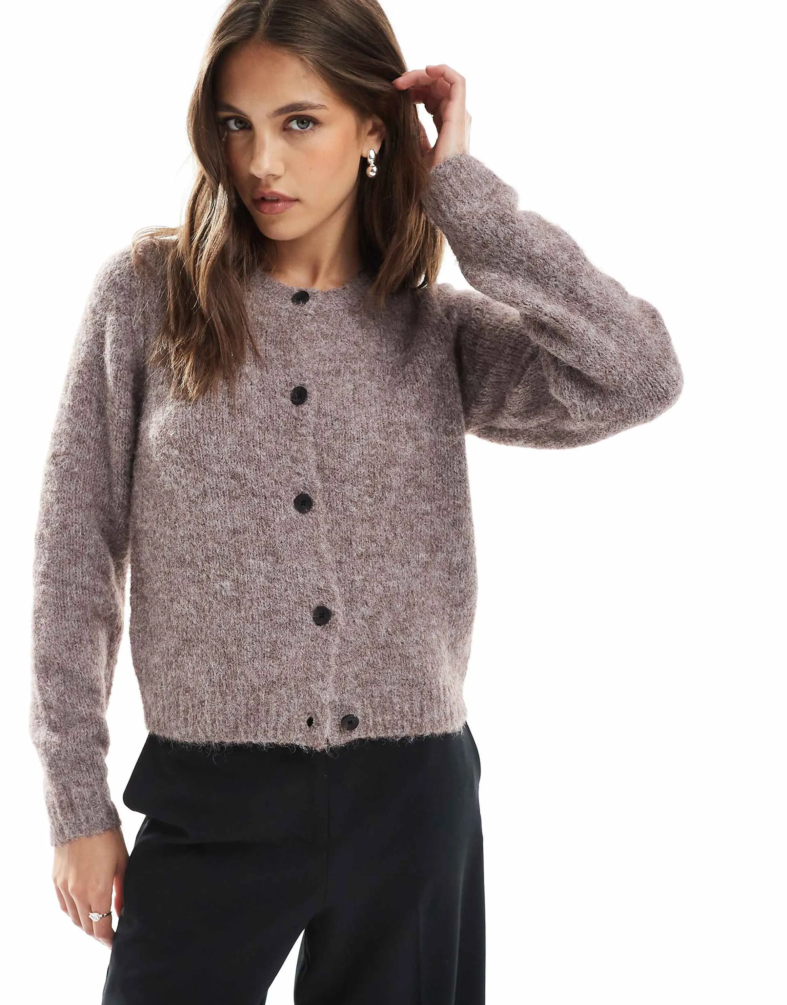 Vero Moda soft fluffy knit o-neck cardigan in fossil melange