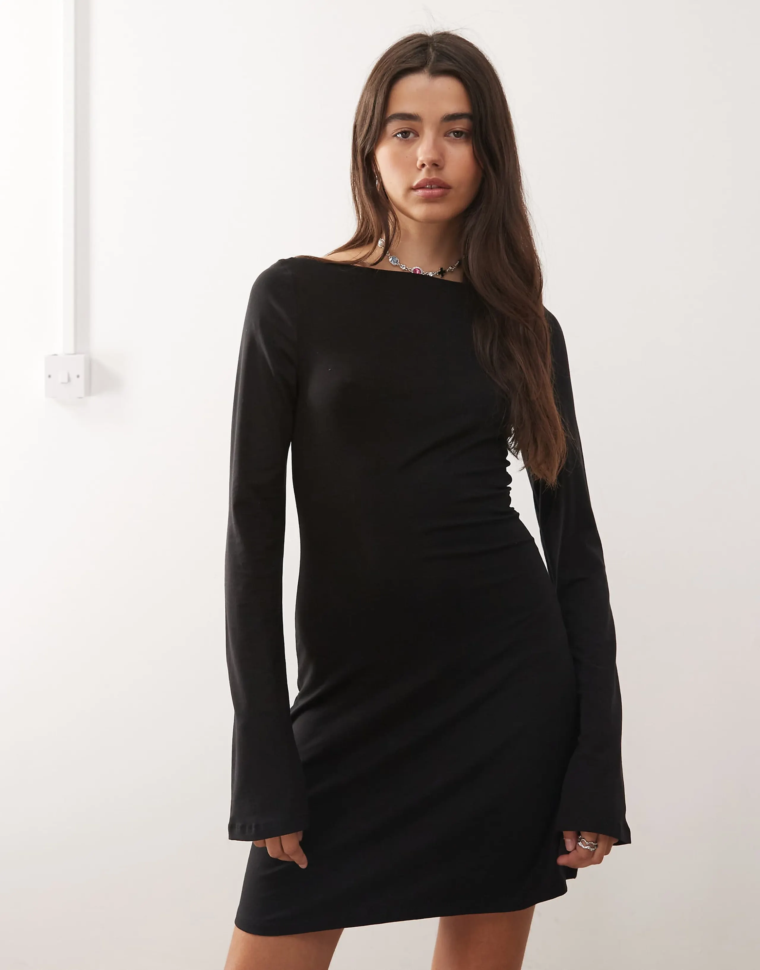 Weekday boat neck long sleeve mini dress in black - exclusive to ASOS