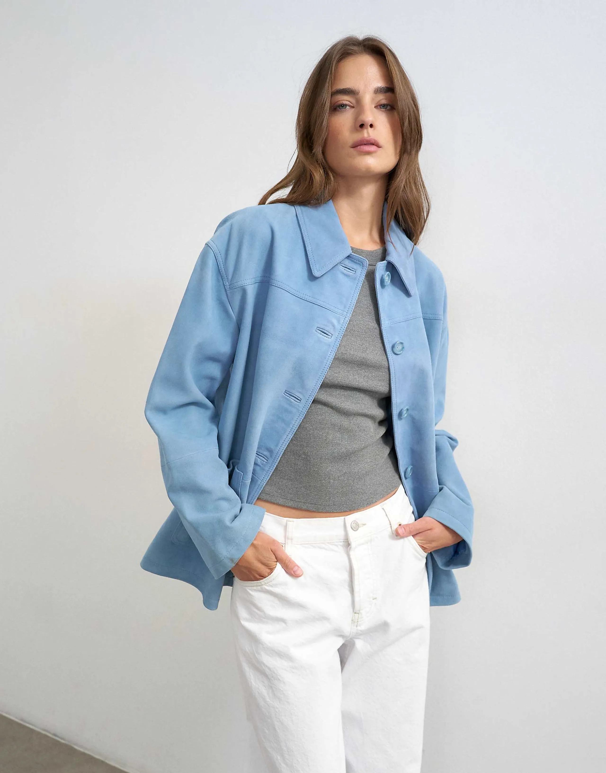 Topshop premium suede jacket in blue