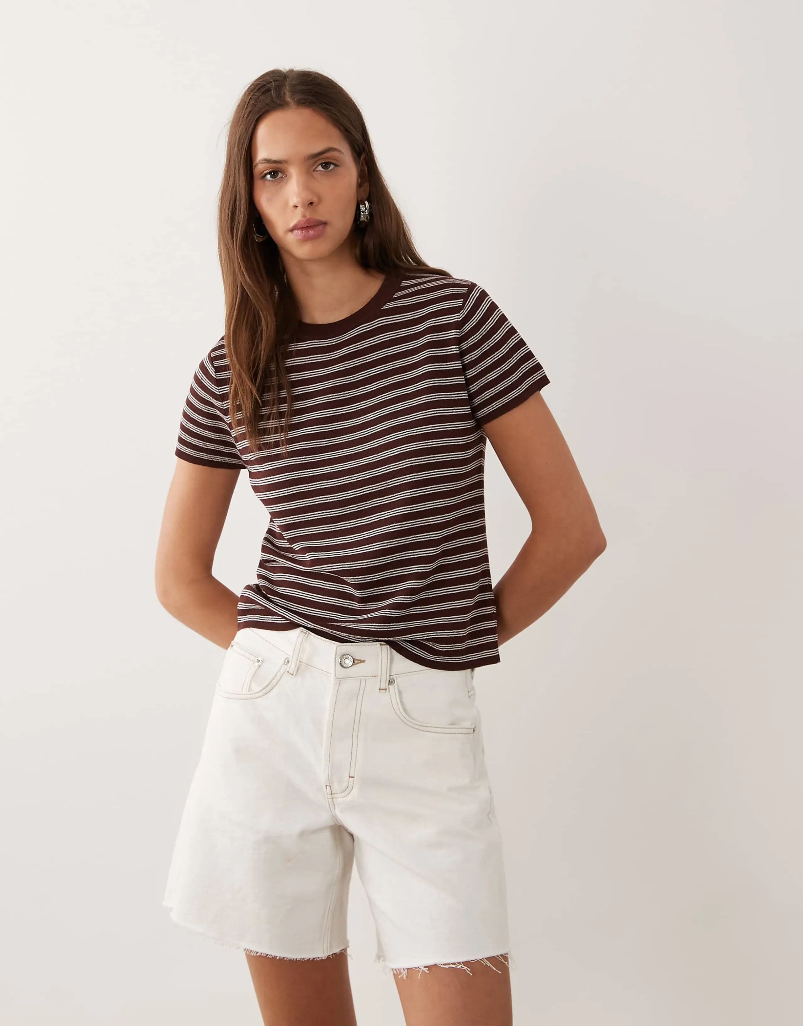 Mango short sleeve knit top in brown stripes