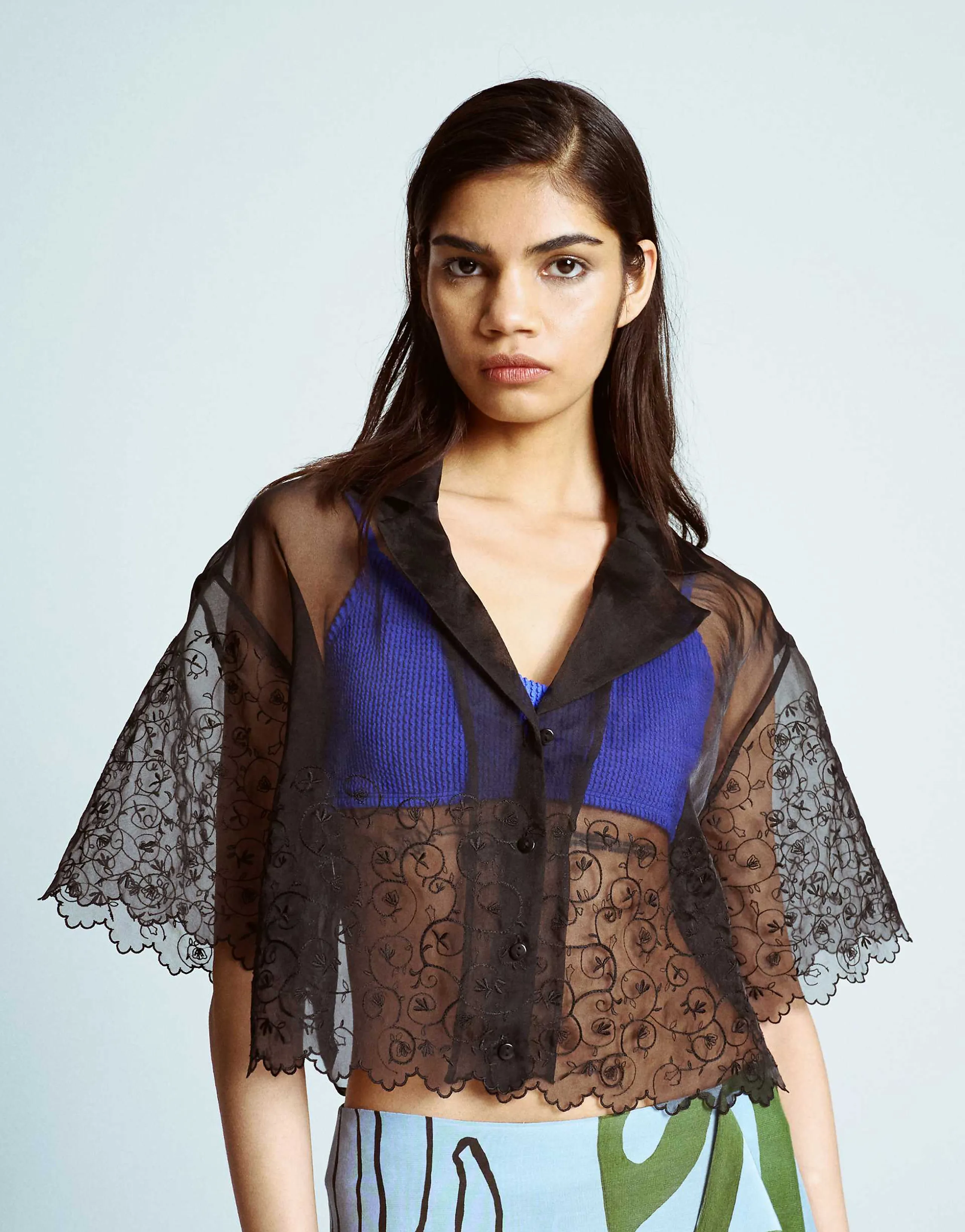 Topshop crop organza embroidered shirt in black