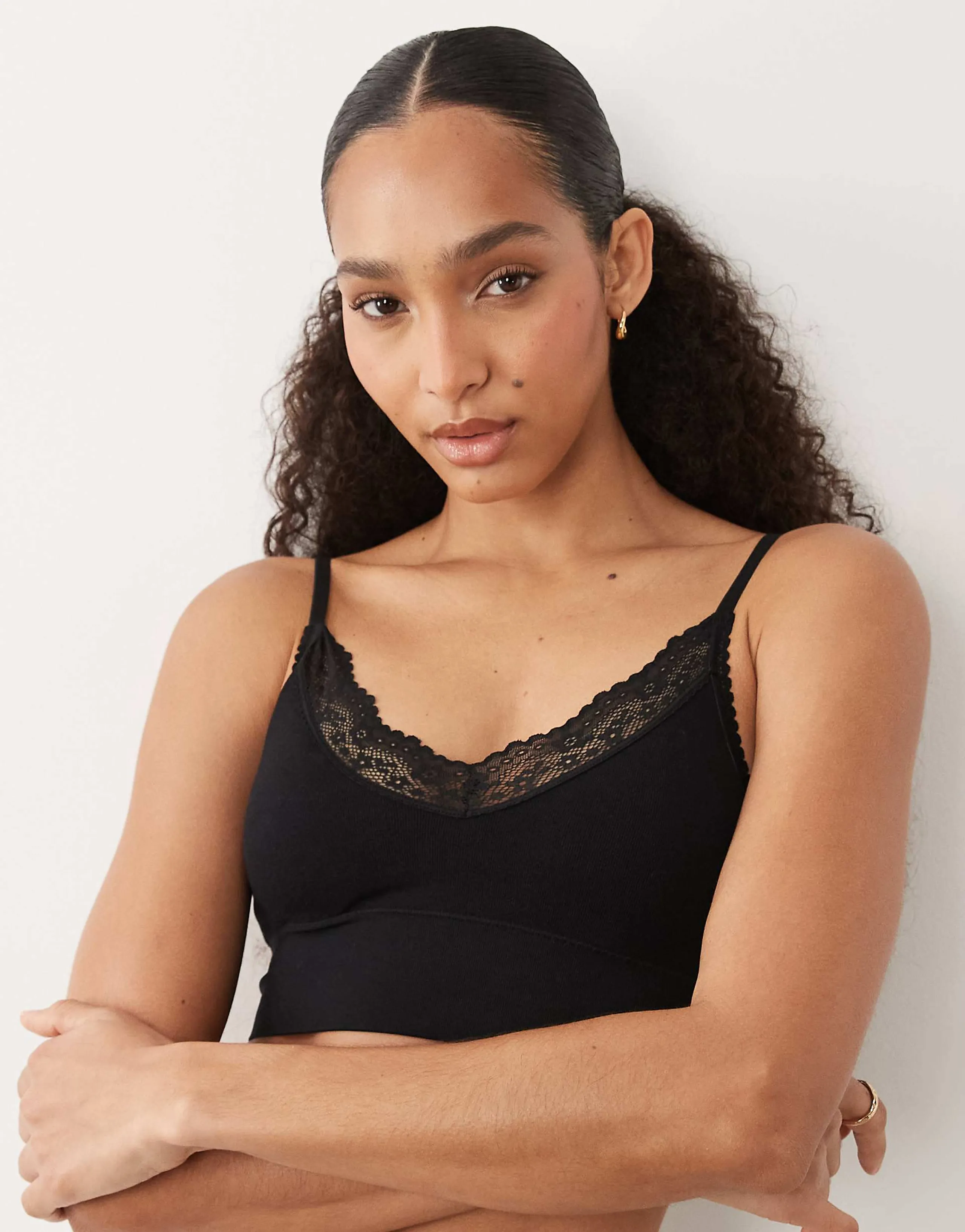 Cotton On Seamless longline lace trim bralet in black