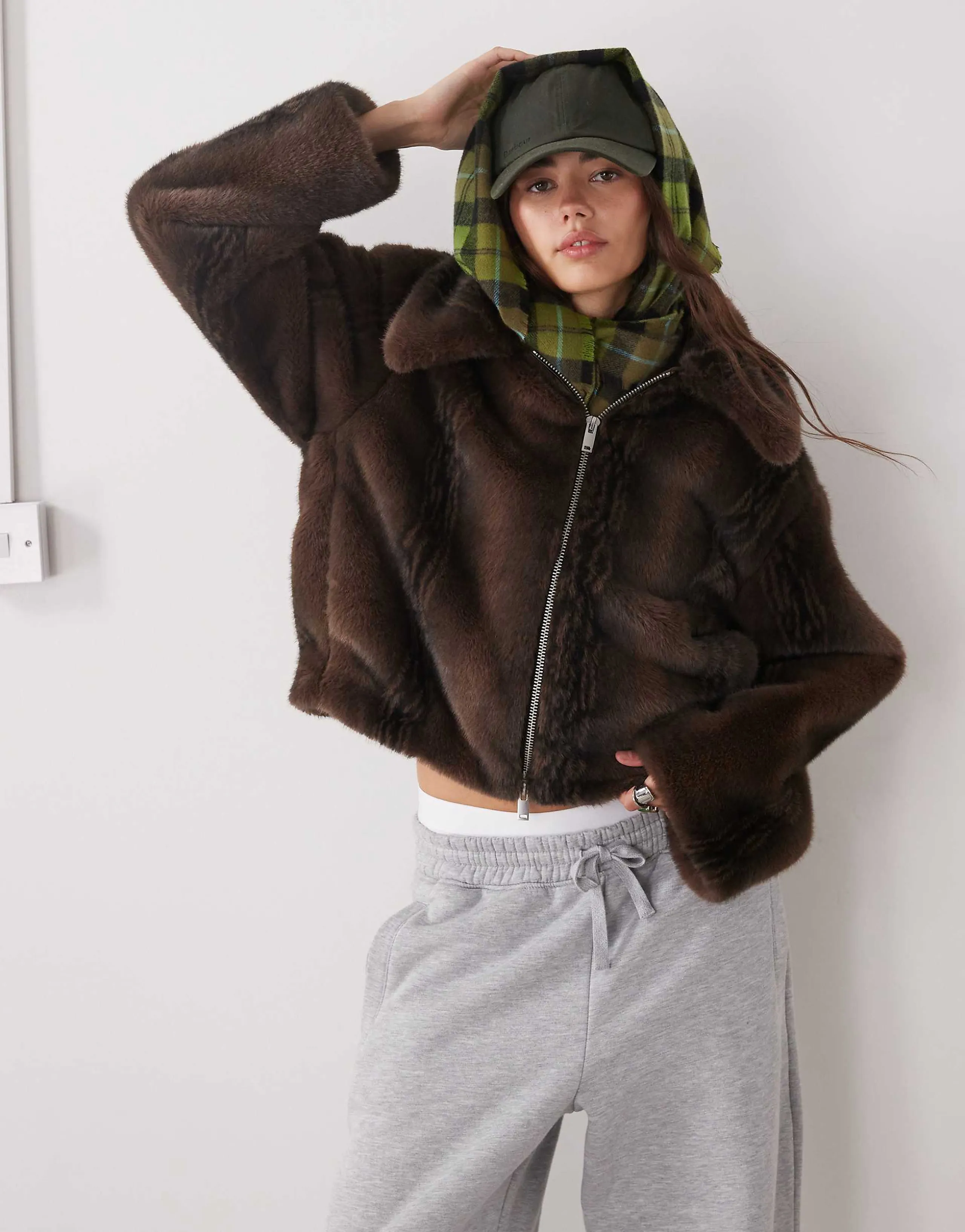 Monki short faux fur jacket in chocolate brown