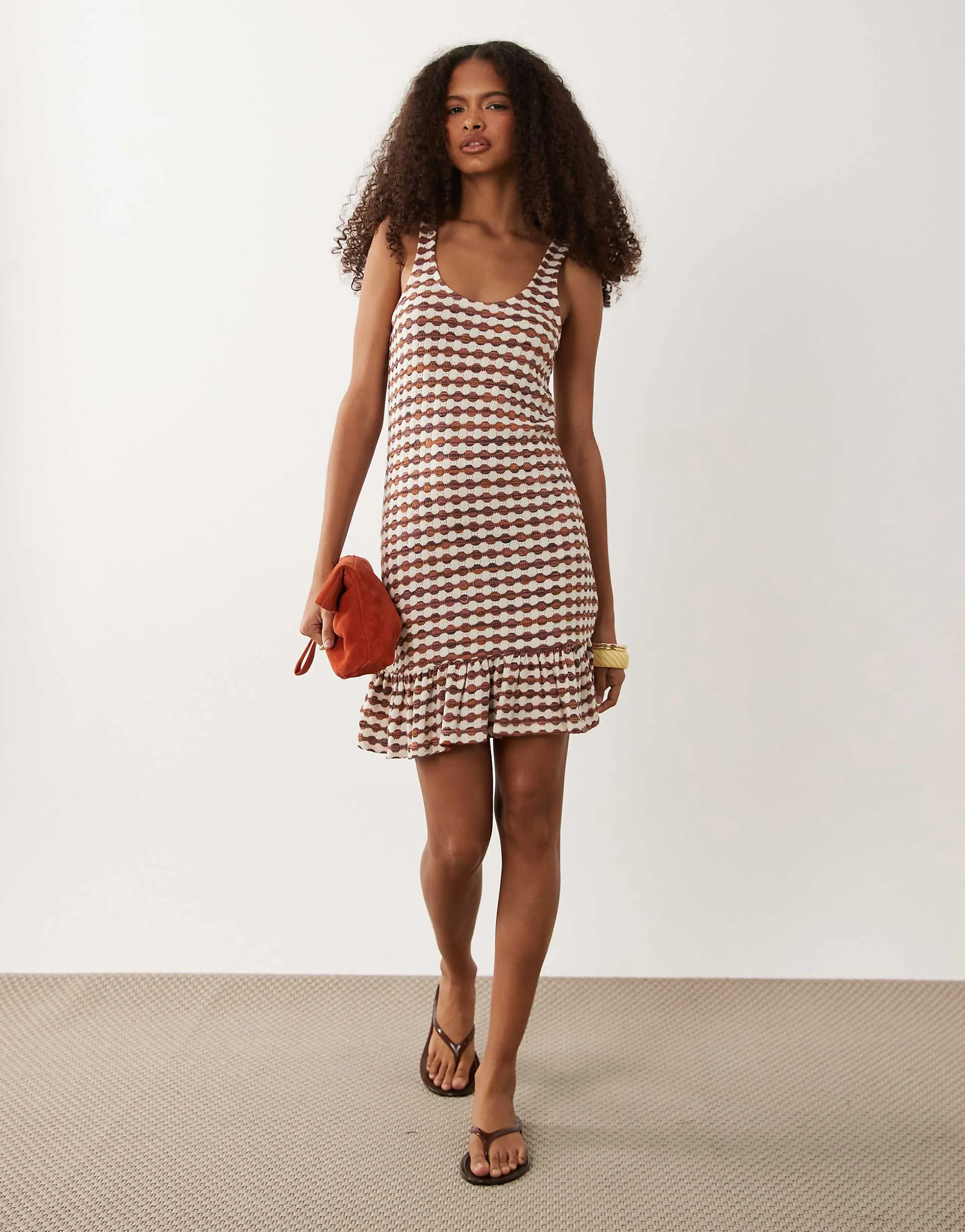 ASOS DESIGN crochet jersey scoop neck mini dress with frill detail in brown and cream gingham