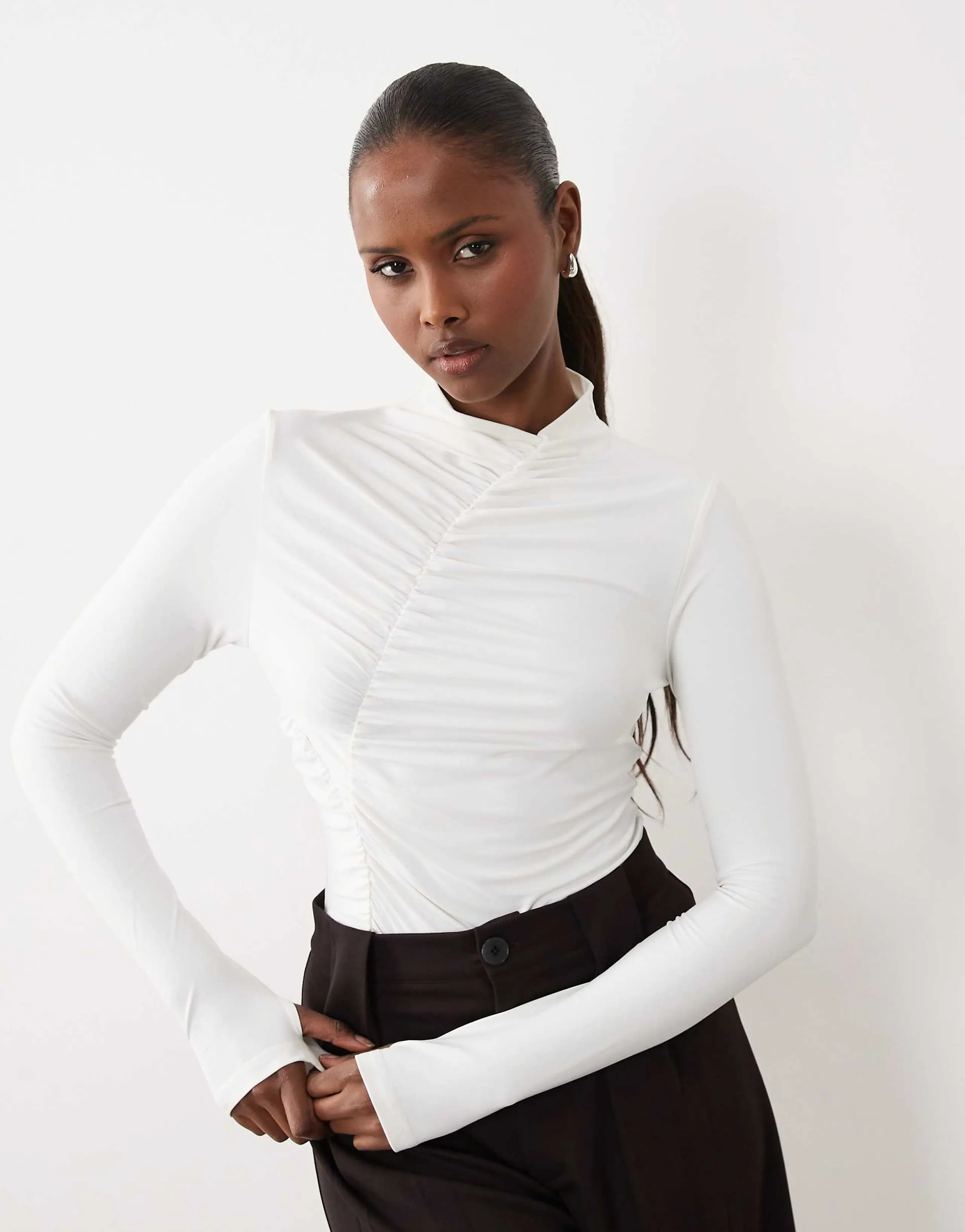 ASOS DESIGN modest ruched detail bodysuit in cream