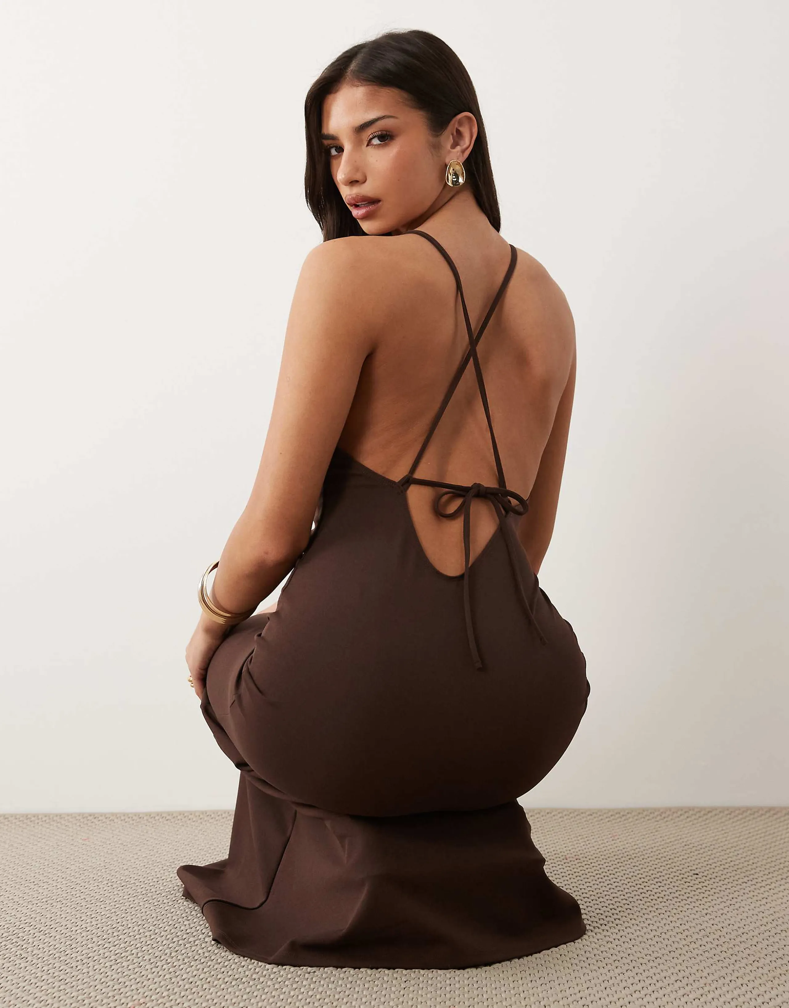 ASOS DESIGN crepe back strap detailing halterneck maxi dress in chocolate