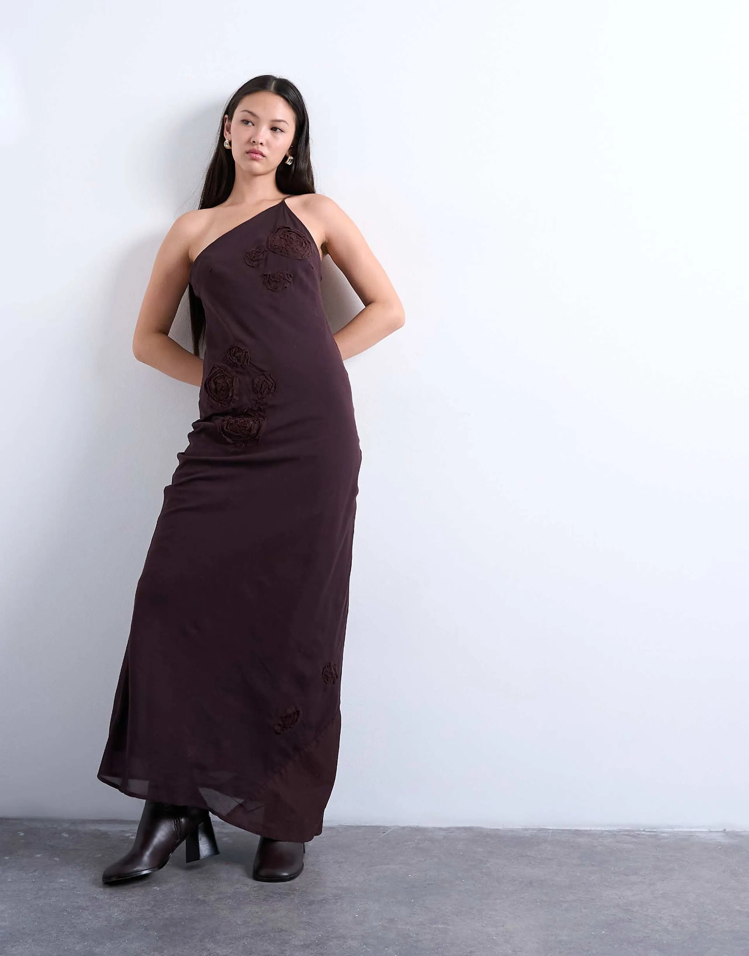 Topshop asymmetric one shoulder 3D flower midi dress in chocolate