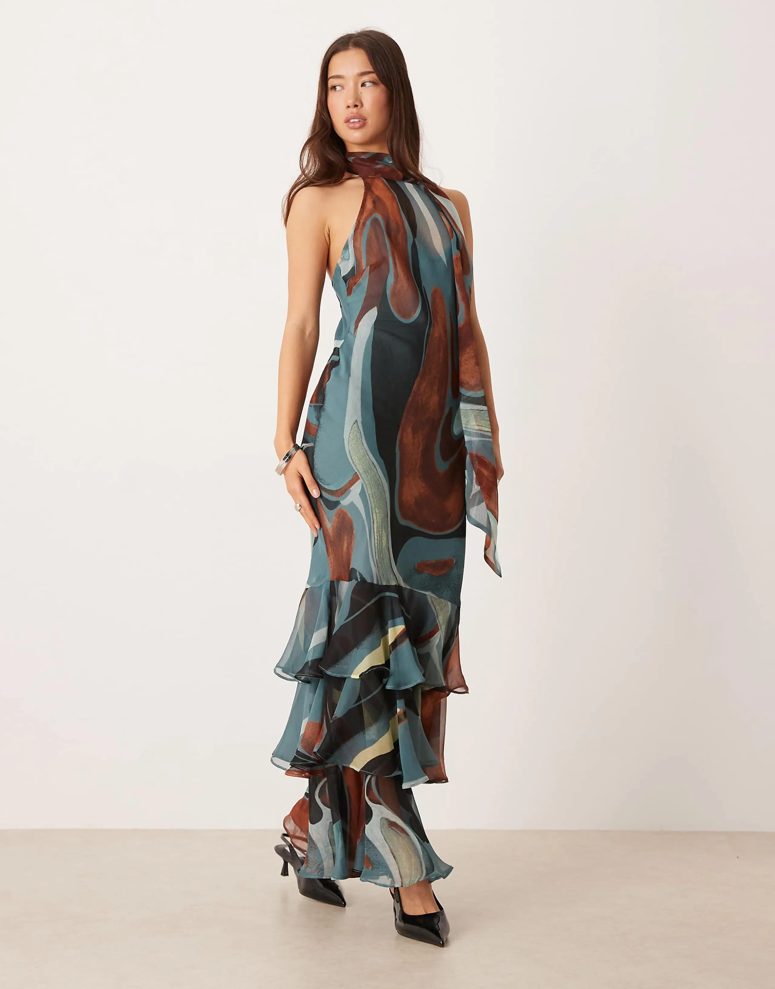 ASOS DESIGN chiffon halter neck maxi dress with scarf detail in blue abstract